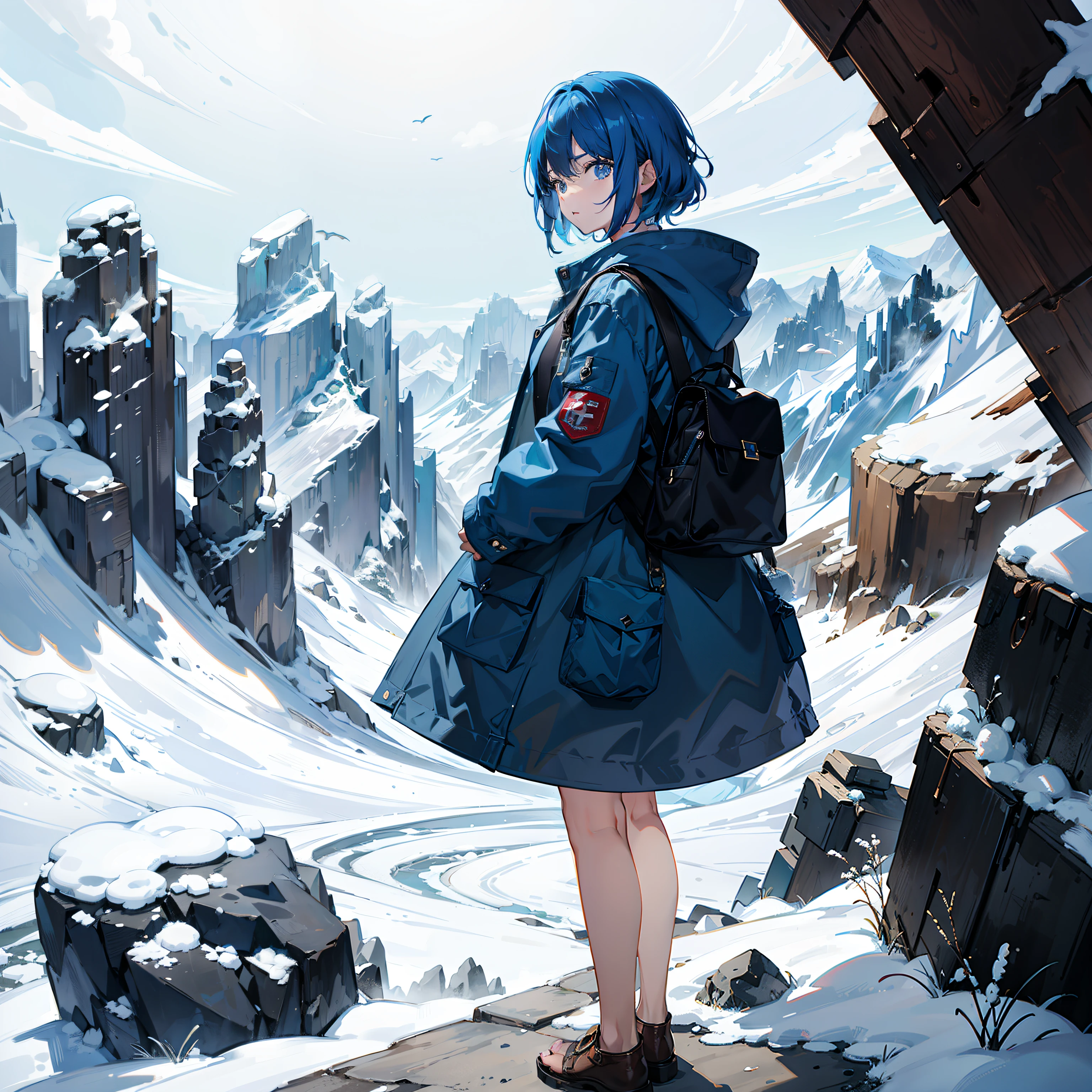 Woman with short light blue hair、sharp eyebrows、Dark eyelashes、big eye、Blue paste makeup、Earth magic、Uneven ground、Rocks pointed out of the ground、Big rocks flying in the sky、、parka、Holding his hands on the ground and casting magic、Messy ground、(Supreme details)、(独奏)、(Professional Shadow)