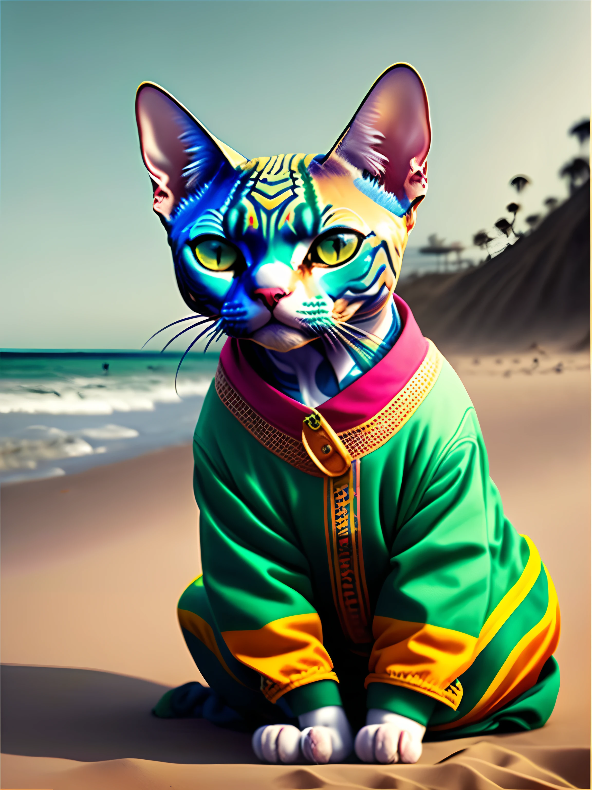 image of a beautiful Sphynx cat, trend of the art season, dressed in beach clothes, hyper realistic detailed rendering, Brazilian gang member, urban style, relaxed pose, planet of cats, fashion clothes, urban samurai, meow, west slavic traits, 8 1 5