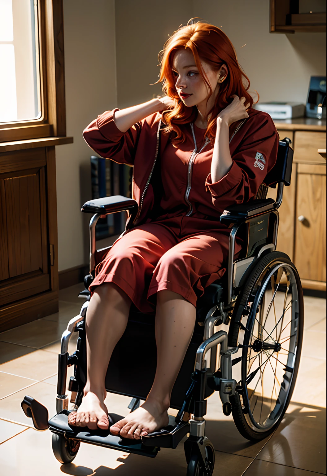 Describe the morning routine of the red-haired woman in a wheelchair, highlighting her independence and resilience as she gets ready to face the day with a positive and fearless attitud