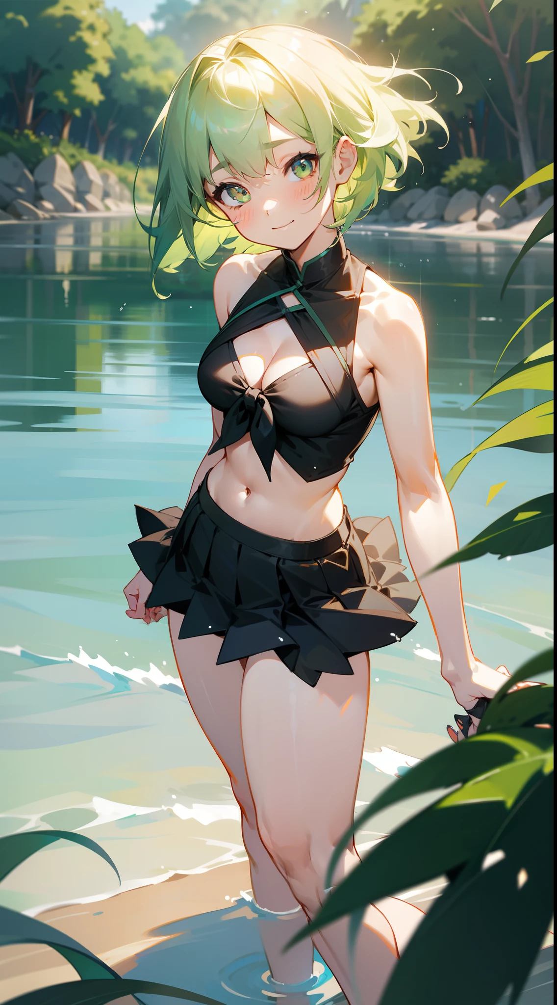 Lightning,strike,thunderbolt, 1girl in, Cute, Water, Smile, Asian, The upper part of the body_Body, Focus on Eyes, Head_tilt, Fish, Orion, from a_Above, side-tie_bikini of_Bottom, Black_thighs thighs thighs thighs, Water splash, Beautiful detailed water, The sun shines through the trees, bob cuts, wept bangs, hair between eye, lightsmile, Bright eyes, Bare_shoulders, Nail_The sheen, Large_breasts, Navel, thighs thighs thighs thighs, hair_Bow, Bracelet, Sleeveless, pleats_Skirt, cleavage_cutout, Bare_Legs, beautifulanddelicatewater, spark of light,Green hair, Green eyes,