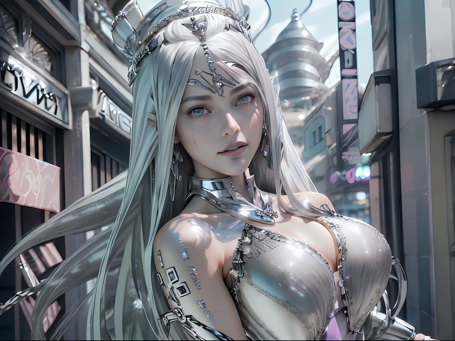 Ultra-detailed complex 3D rendering of the face, (masterpiece, top quality, octane rendering,), glamour shots full body image, very beautiful young elves, cleavage, (highly detailed skin: 1.2), (exposure: 1.1), ((blue micro bikini: 1.95)))). , 8k, (((very soft breasts)), (((conspicuous large pink areola)), beautiful Caucasian woman with white skin with full soft breasts with big buttocks, one, long braided hair, big breasts, dynamic angles, (((huge breasts: 2.4)), ultra-realistic photos, ((((((silver hair)))), futuristic urban background, facial muscles, (((((detailed and glamorous silver crown)))), In the style of Marvel Comics, ArtStation Trends, Clear Focus, Intricate Details, Very Detailed, Detailed Green Eyes, Sharp Focus, Digital Rendering, Professional, Abs, Lip Gloss, Glossy Skin, Sexy Pose, Golden Tattoo All Over Body, Silver Pattern All Over Body, Silver Lame Skin, Gold Glitter Skin, Mansuji, Buttocks, Jeweled All Over the Body, with silver scales, silver hair,