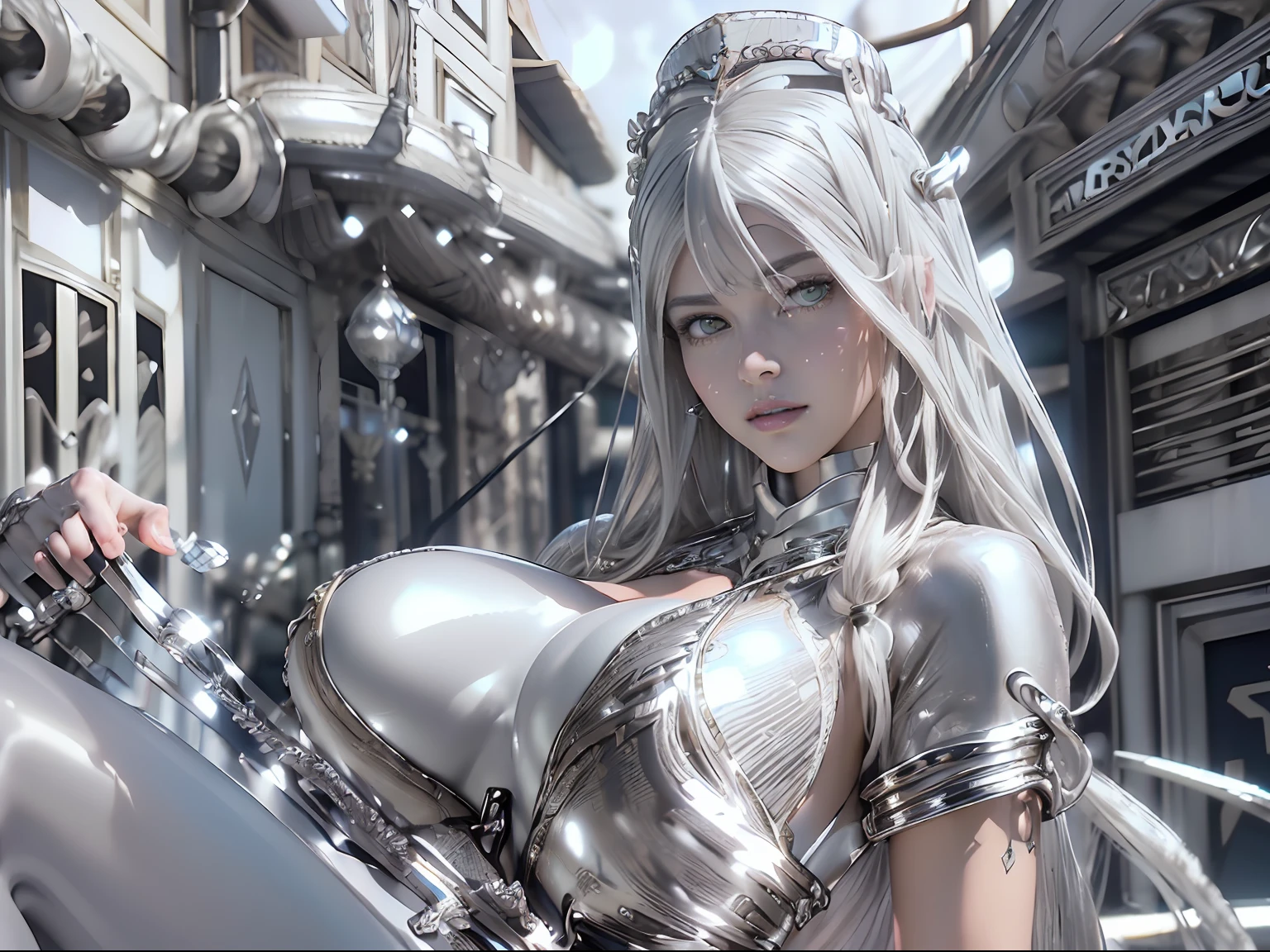 Ultra-detailed complex 3D rendering of the face, (masterpiece, top quality, octane rendering,), glamour shots full body image, very beautiful young elves, cleavage, (highly detailed skin: 1.2), (exposure: 1.1), ((blue micro bikini: 1.95)))). , 8k, (((very soft breasts)), (((conspicuous large pink areola)), beautiful Caucasian woman with white skin with full soft breasts with big buttocks, one, long braided hair, big breasts, dynamic angles, (((huge breasts: 2.4)), ultra-realistic photos, ((((((silver hair)))), futuristic urban background, facial muscles, (((((detailed and glamorous silver crown)))), In the style of Marvel Comics, ArtStation Trends, Clear Focus, Intricate Details, Very Detailed, Detailed Green Eyes, Sharp Focus, Digital Rendering, Professional, Abs, Lip Gloss, Glossy Skin, Sexy Pose, Golden Tattoo All Over Body, Silver Pattern All Over Body, Silver Lame Skin, Gold Glitter Skin, Mansuji, Buttocks, Jeweled All Over the Body, with silver scales, silver hair,