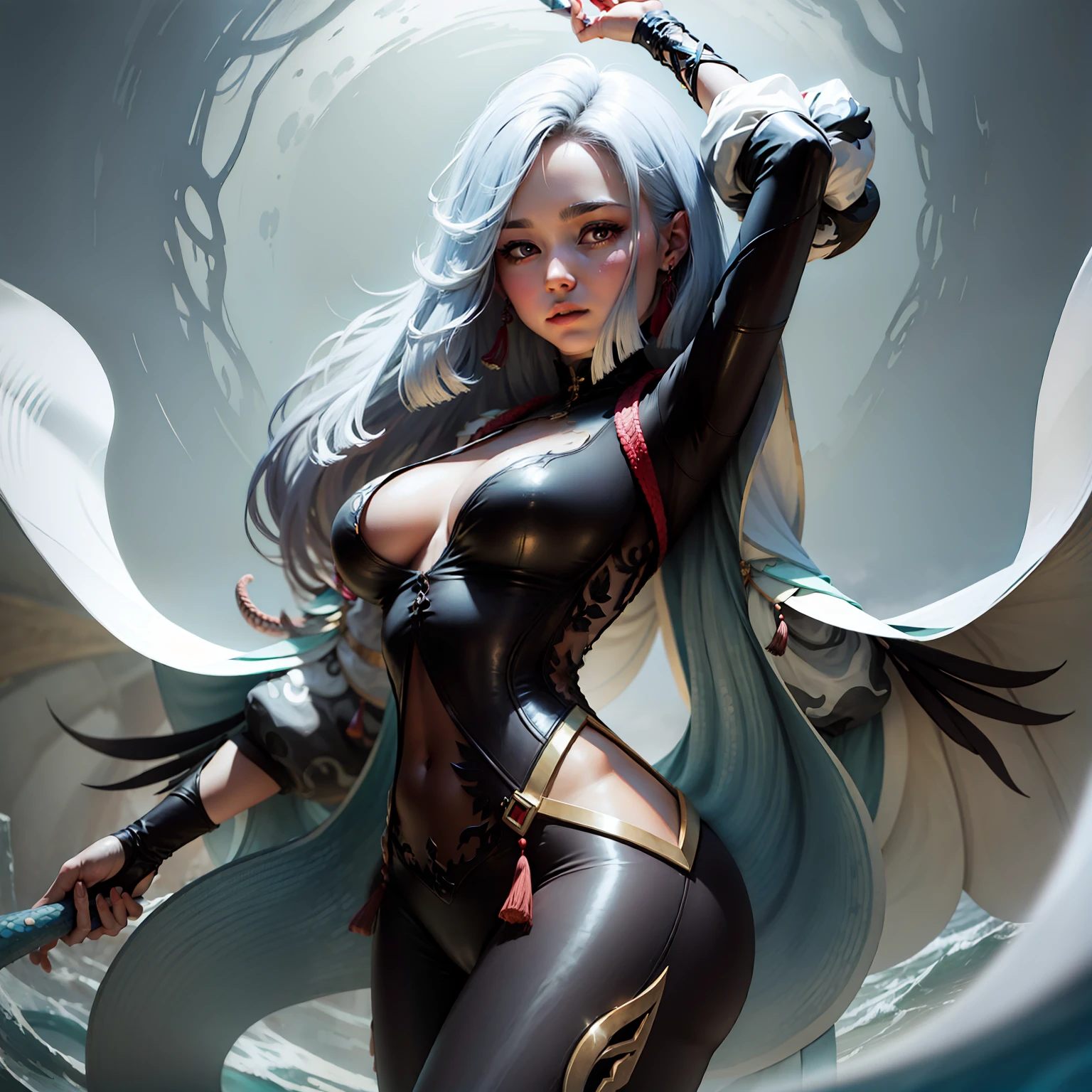 The woman holds a large tentacle！