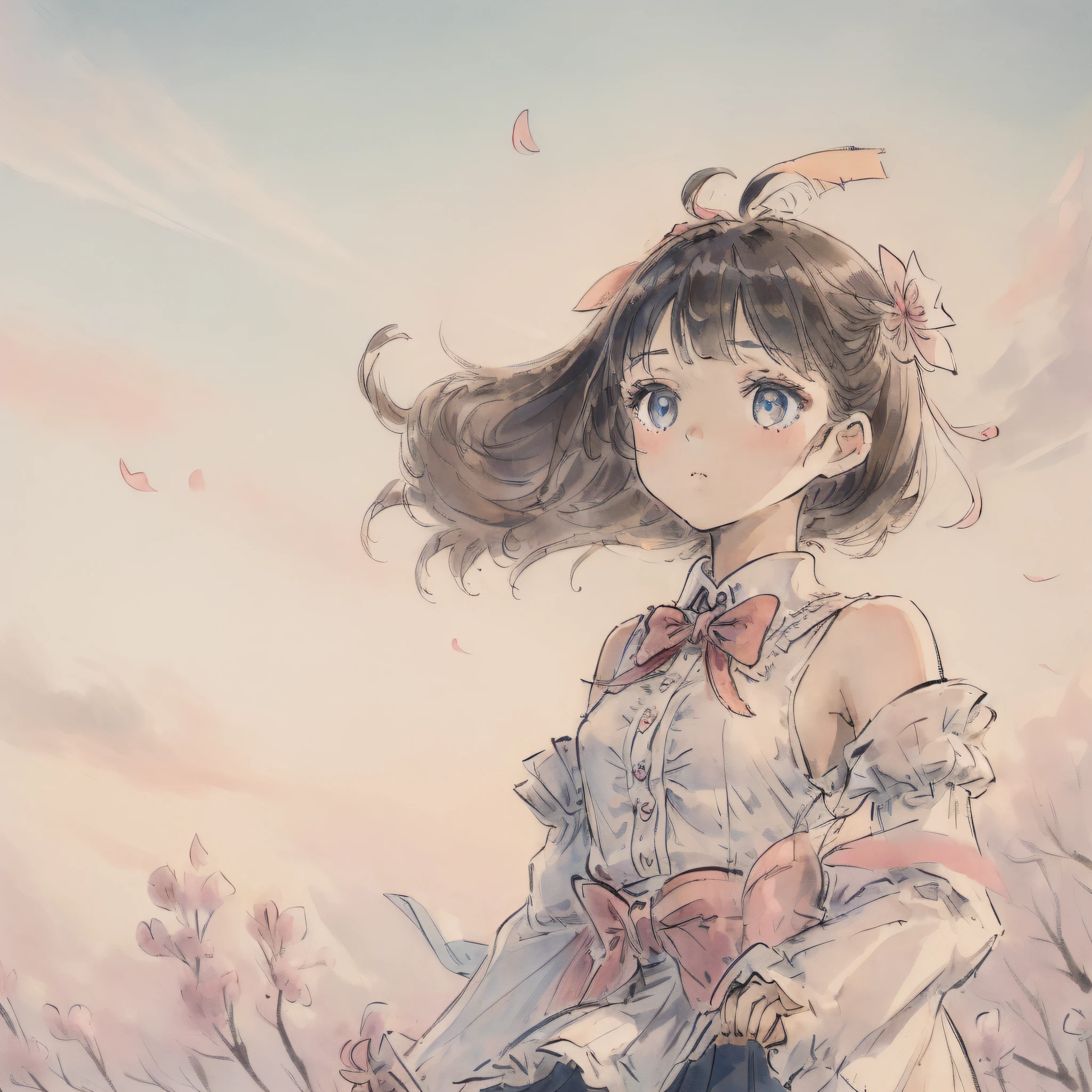 (((masterpiece))), (((best quality))), ((ultra-detailed)), (illustration), (1 girl), (solo), ((an extremely delicate and beautiful)), little girl, ((beautiful detailed sky)), beautiful detailed eyes, side blunt bangs, hairs between eyes, ribbons, bowties, buttons, bare shoulders, (small breast), blank stare, pleated skirt, close to viewer, ((breeze)), Flying splashes,  Flying petals, wind
