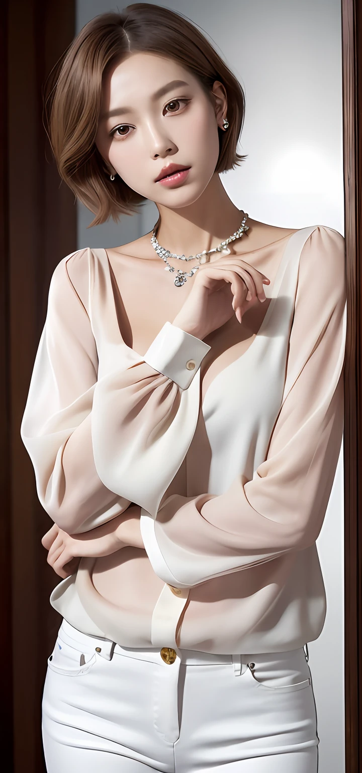 ((masutepiece, of the highest quality, High Definition)),(Woman in photo posing in white pants and brown tuck-gather blouse:1.2), Van Cleef & Arpels style, Bvlgari style, Cartier style, lv jewelry, chaumet style, Bvlgari Jewelry, white trendy clothes, Cute:2, lulu chen,Elegant makeup, (Elegant berry shorthair, short haircut with visible ears,,,,,,,Light brown hair color: 1.4)