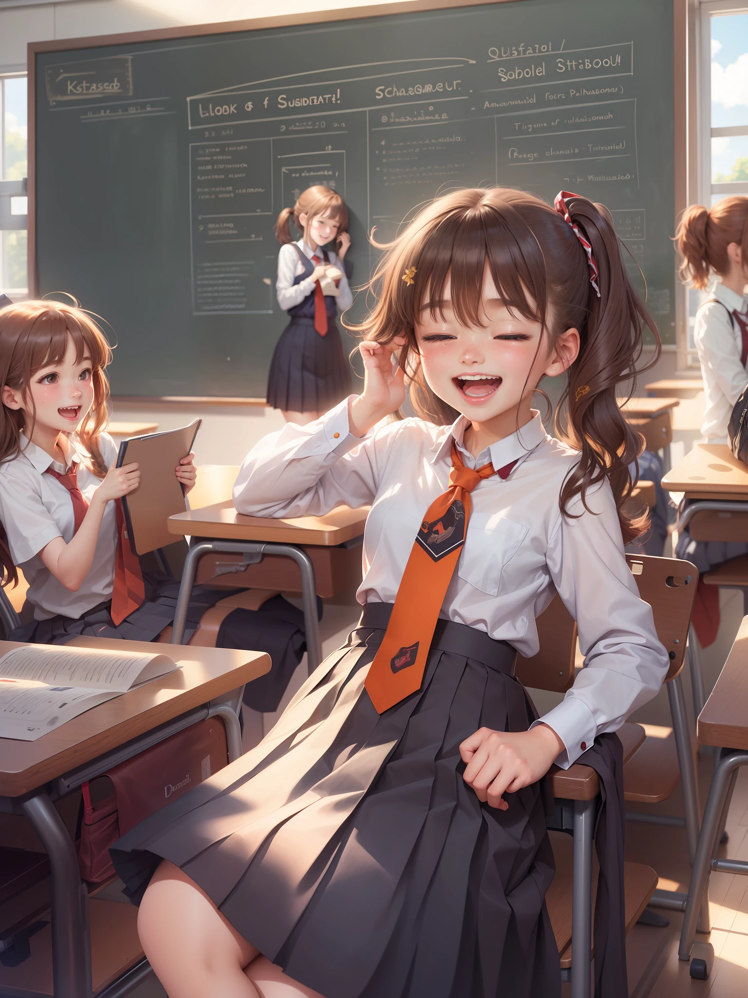 masterpiece, best quality, ultra-detailed, illustration,
multiple girls,  shirt,  red necktie,  pleated skirt,   laughing, 
kyoushitsu, classroom, chalkboard, school chair, school desk, window, indoors, school, bulletin board, sunlight, shadow, curtains,