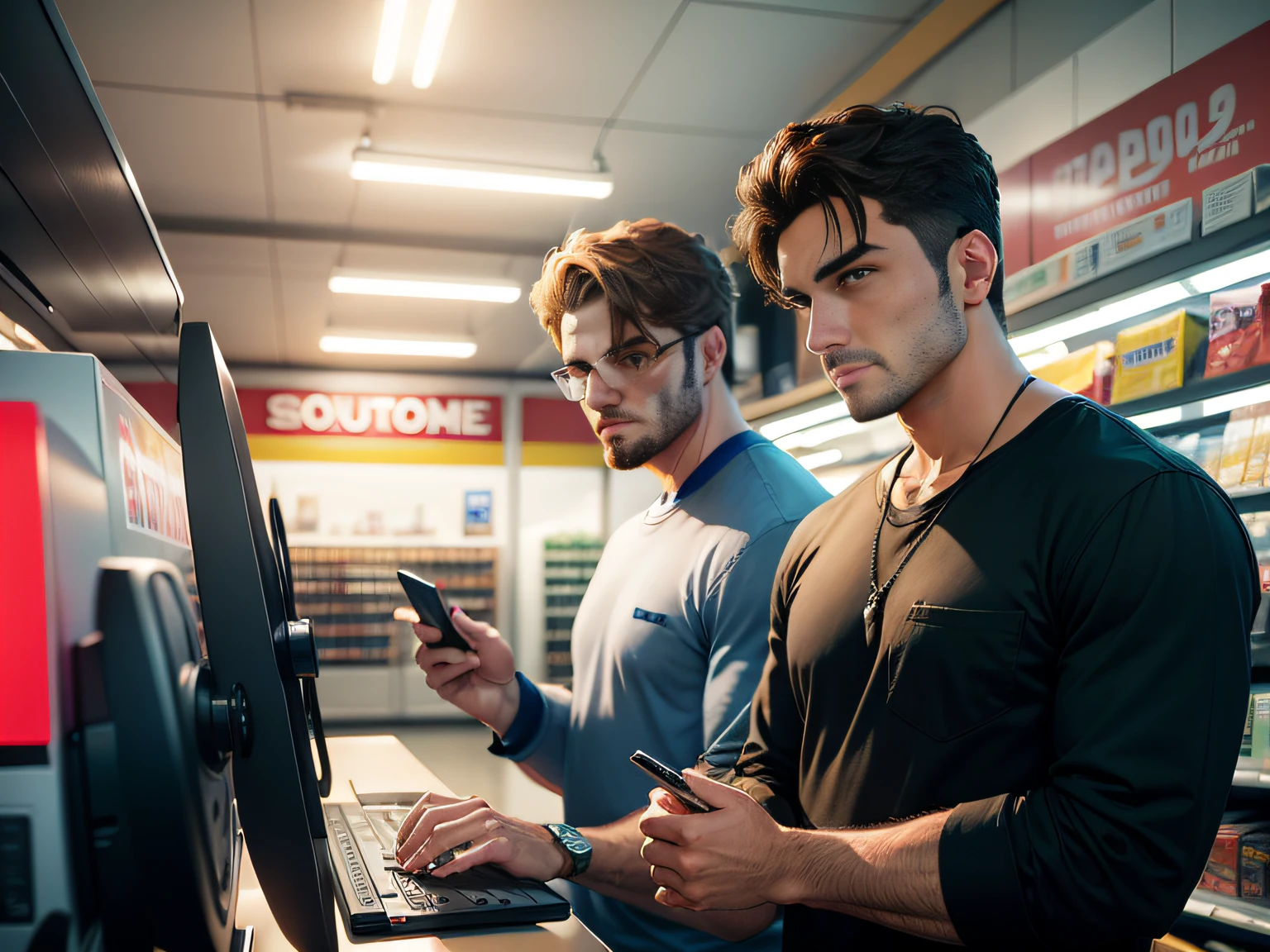 2 men，Shop for car supplies in casual wear at the auto supply supermarket，sface focus，Extreme depiction of facial detail