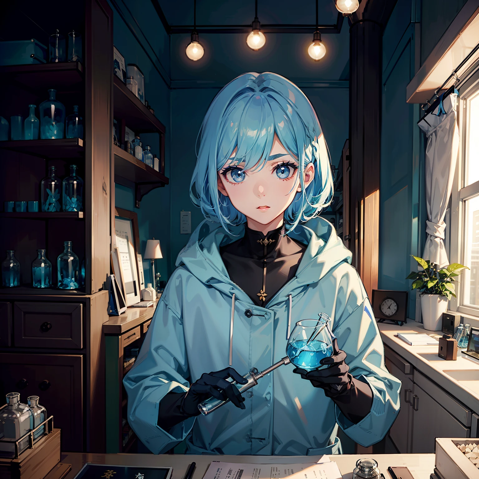 Woman with short light blue hair、Sharp Eyebrows、Dark eyelashes、big eye、Blue Paste Makeup、Conduct botanical research、botany、parka、gloves、(lab room)、beakers、glass tube、(highestdetailed)、(独奏)、(Professional Shadow)