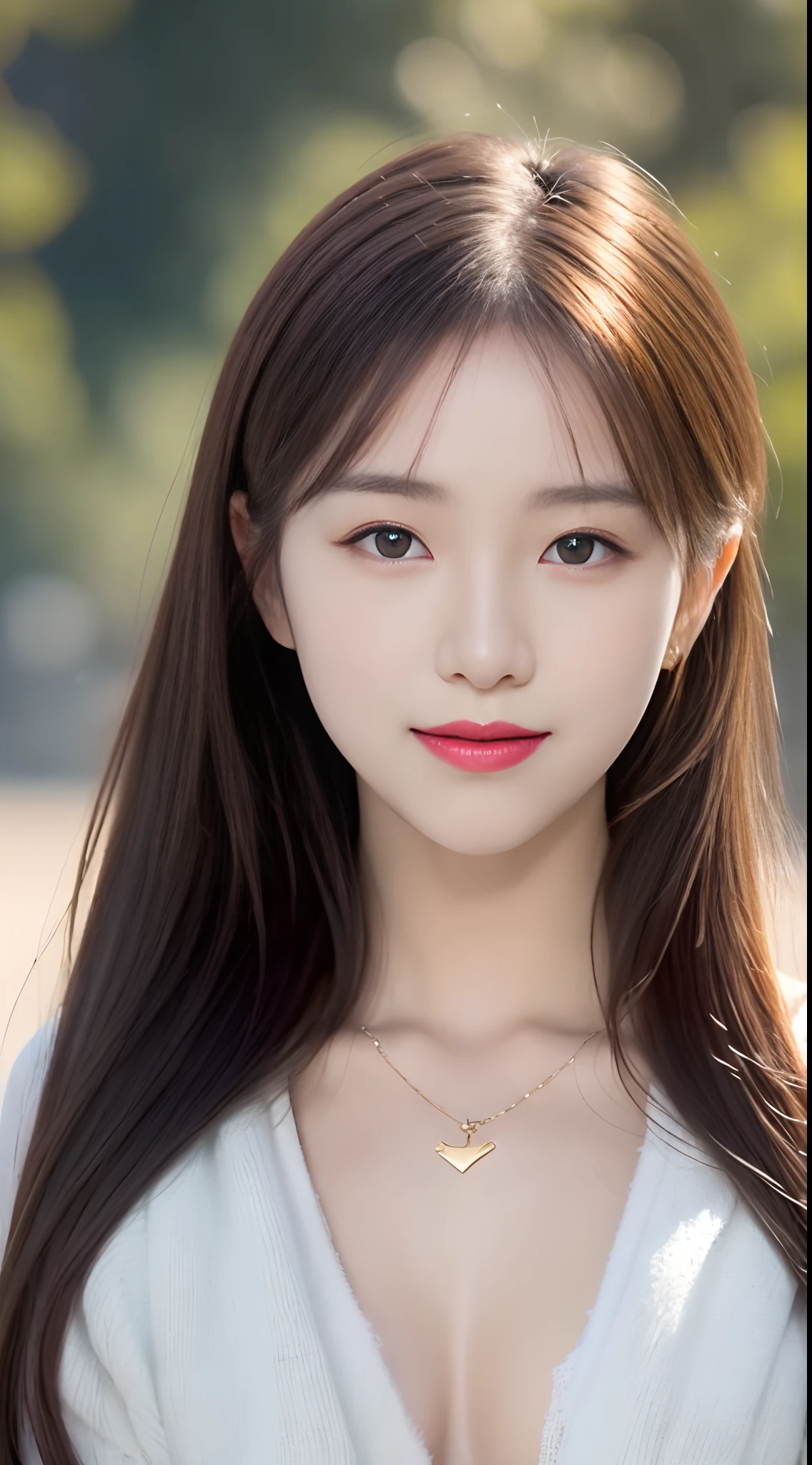 A beautiful 25 year old F cup girl,It resembles Zhang Tianai's face,with hands behind her back, Wear transparent yarn,Blue sky and green meadow in the background,real photograph,Beautiful eyes with black pupils,Sweet smiling,Delicate fair skin,Heart-shaped pendant at chest,eardrop,photo-realistic,50 million pixel quality,Exquisite and perfect facial features,detail in face,二重まぶた,tall nose bridge,Pink lipstick,Delicate brunette hair,Fairy temperament,Fill your face light,Golden ratio figure,