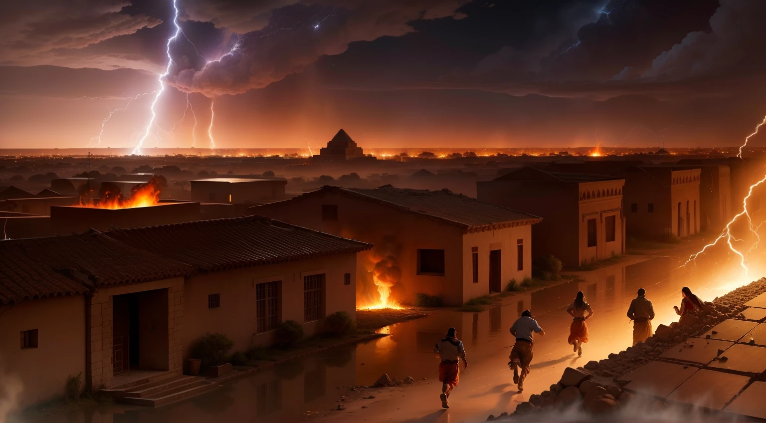 chuva de meteoritos, fire falling from the sky, nuvens escuras, Sumerian city being destroyed by meteorites, people dressed in Egyptian-style clothes running in fear, burning meteorites falling from the sky, Lightning and lightning. destroyed houses, estrelas cadentes, Burning asteroids