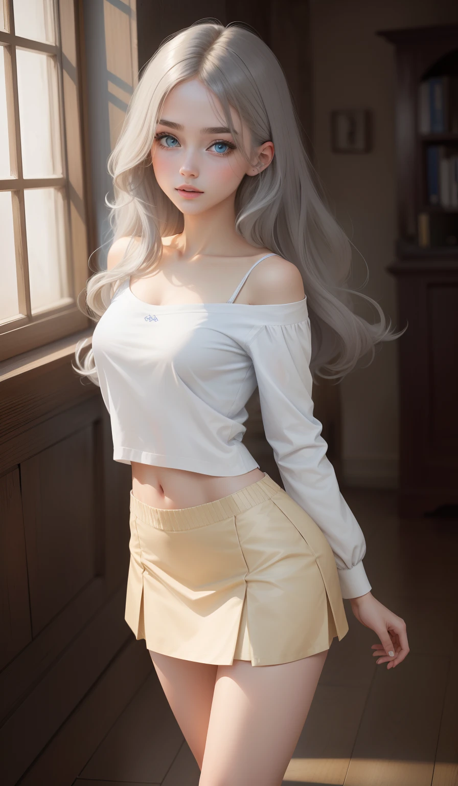 a woman in a casual clothing, white long sleeve T-shirt and circle skirt ,converse shoes, 17 years old, adult face, shoulder length slightly wavy hair, ((mix of champagne and taupe grey coloured hair)) and gleaming detailed vibrant ((azure blue eyes)), slim frame, medium breasts, long legs, beautiful face, medium butt size, small feet size, small hand size, perfect hands, scary face, beautiful face, pretty face, hot woman, British woman, cream skin, small soft pink lips , small to medium breast size, sharp features, slim hourglass figure, ashen hair, soft features