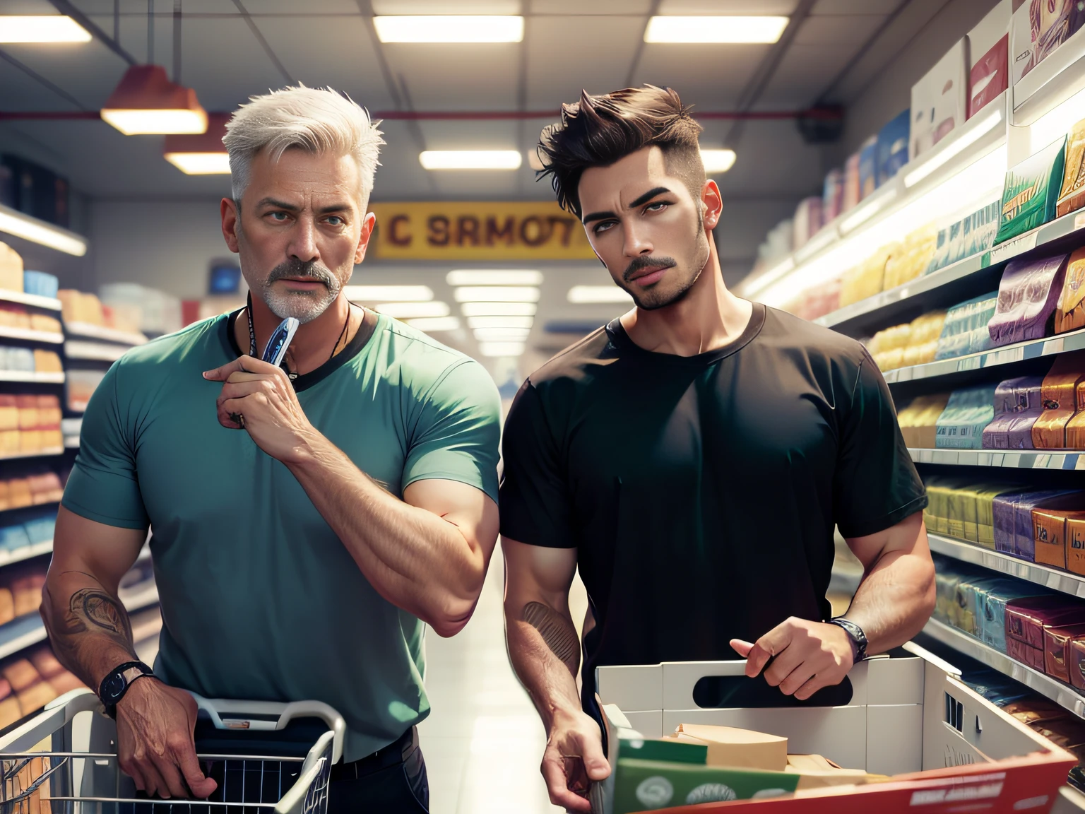 2 men，Shop for car supplies in casual wear at the auto supply supermarket，sface focus，Extreme depiction of facial detail