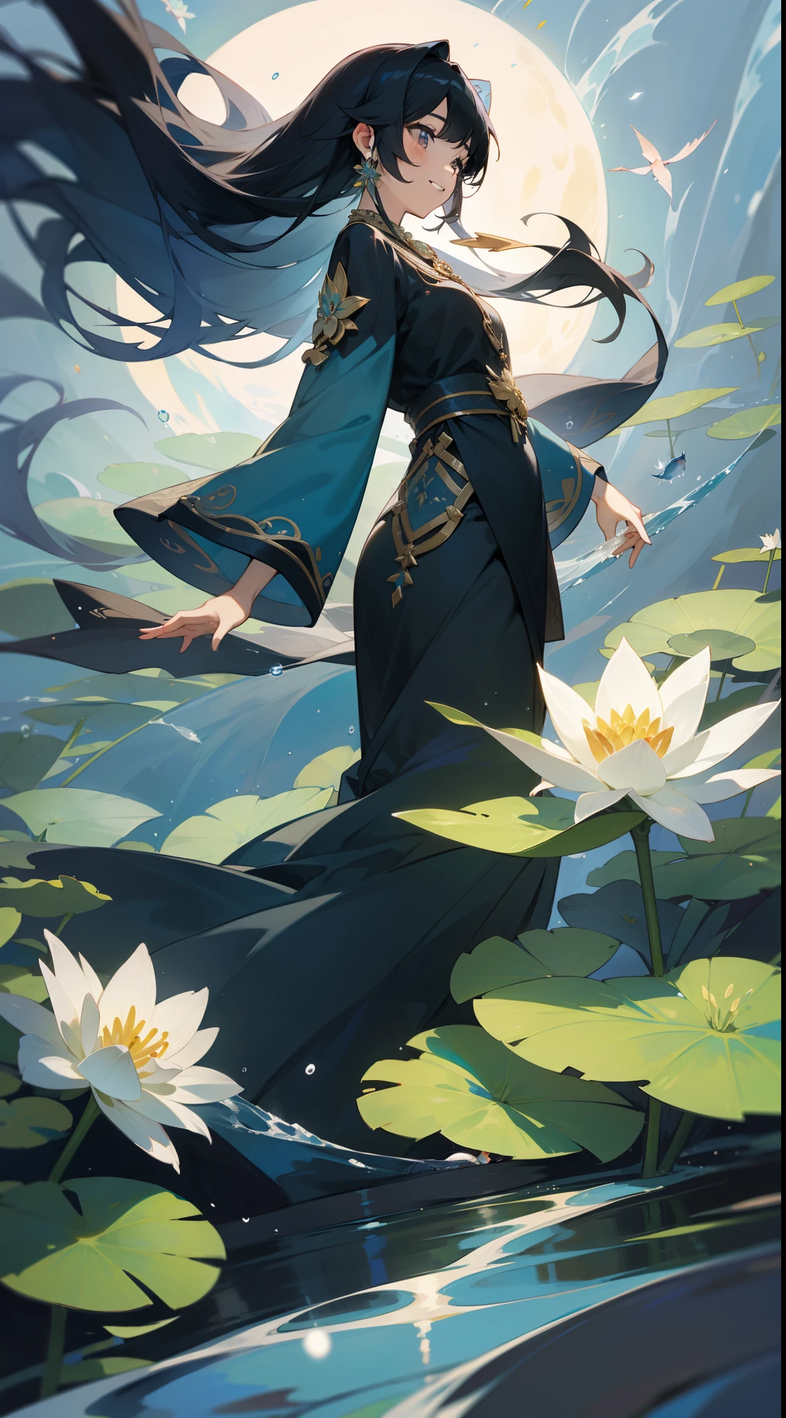cantata, 1GIRL, CUTE, water, smile, asian, face seen from the side, fish, ORION, flowing water, lily, black hair , floating hair, long hair, beautiful long dress, skindentation,glay eyes, Beautifully gorgeous necklace, strapless ,