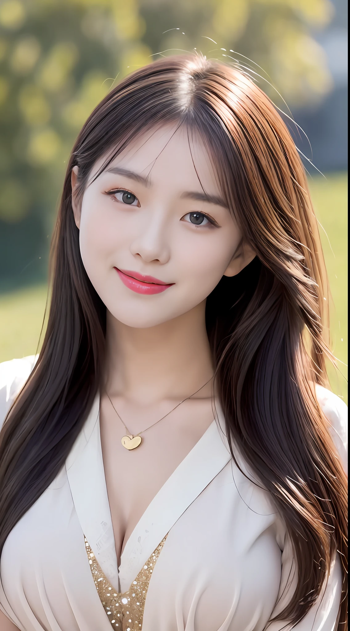 A beautiful 25 year old F cup girl，It resembles Zhang Tianai's face，with hands behind her back， Wear transparent yarn，Blue sky and green meadow in the background，real photograph，Beautiful eyes with black pupils，Sweet smiling，Delicate fair skin，Heart-shaped pendant at chest，eardrop，photo-realistic，50 million pixel quality，Exquisite and perfect facial features，detail in face，二重まぶた，tall nose bridge，Pink lipstick，Delicate brunette hair，Fairy temperament，Fill your face light，Golden ratio figure，