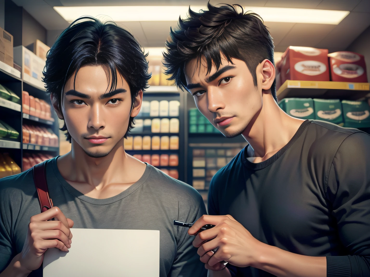 Male with 2 Asian faces,Shop for car supplies in casual wear at the auto supply supermarket,sface focus,Extreme depiction of facial detail