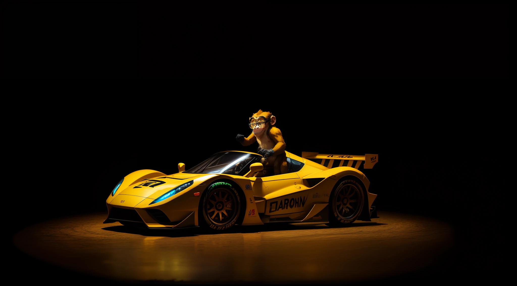 A digital monkey with big yellow glasses who also has a watch and necklace and behind him is a racing car