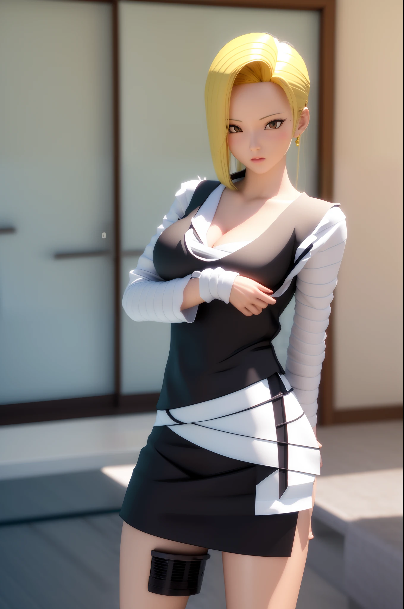 rialistic photo、Top image quality、Anime - style image of woman in short skirt posing for photo, realistic anime 3 d style, Android 18, Seductive Anime Girl, photorealistic anime girl render, Hyper realistic anime, 3 d anime realistic, realistic shaded perfect body, anime highly detailed, charming anime girls, perfect android girl, Casual pose, realistic anime art style, photorealistic anime