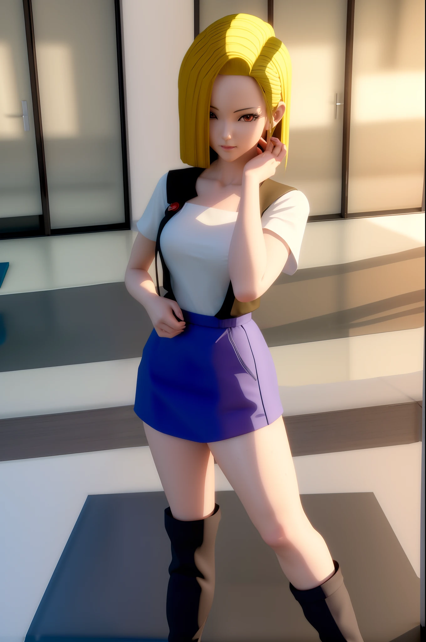 rialistic photo、Top image quality、Anime - style image of woman in short skirt posing for photo, realistic anime 3 d style, Android 18, Seductive Anime Girl, photorealistic anime girl render, Hyper realistic anime, 3 d anime realistic, realistic shaded perfect body, anime highly detailed, charming anime girls, perfect android girl, Casual pose, realistic anime art style, photorealistic anime