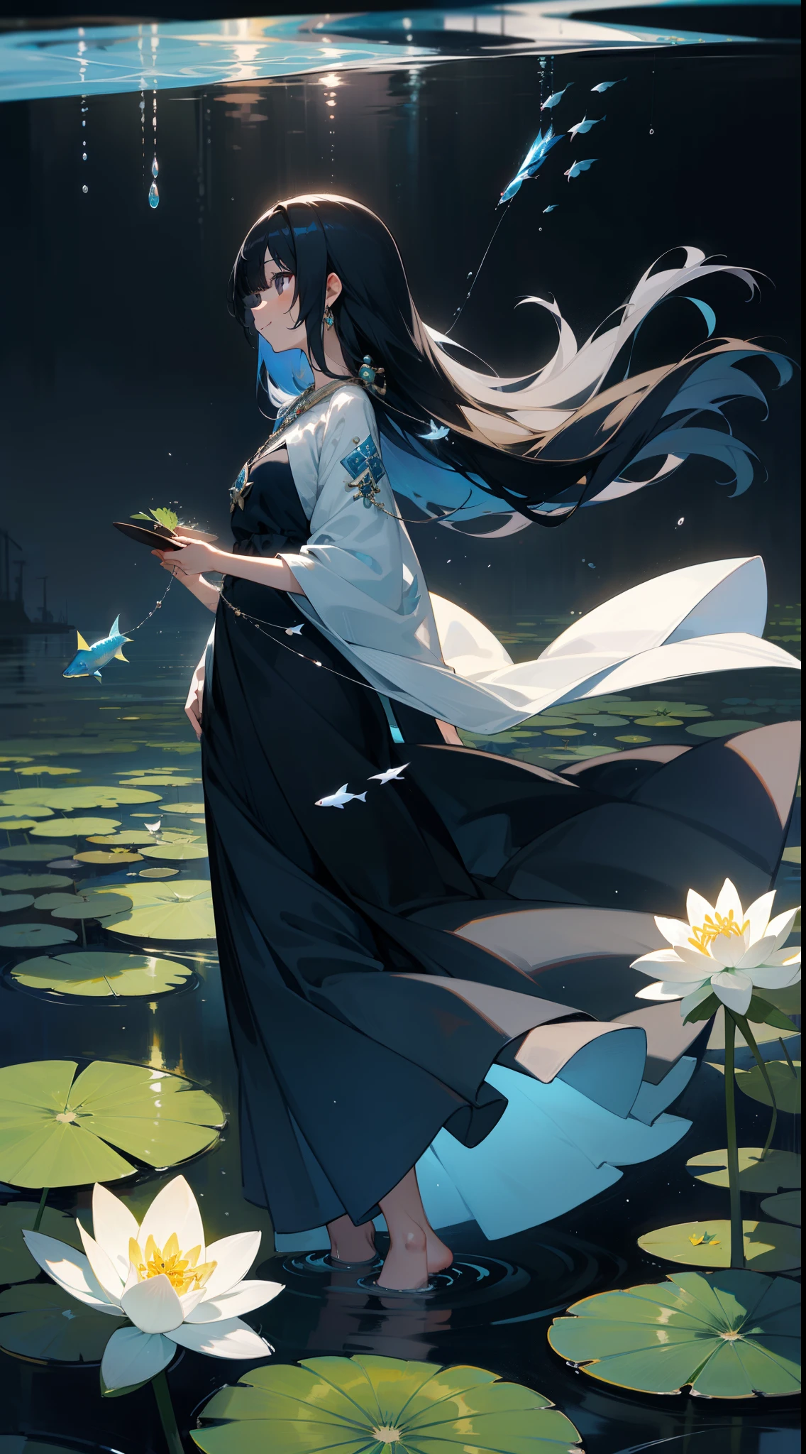 cantata, 1girl in, Cute, Water, Smile, Asian, Face seen from the side, Fish, Orion, flowingwater, Lily, Black hair , Floating hair, Long hair, Beautiful long dresses, Skindentation,Gray Eyes, Beautifully gorgeous necklace, Strapless ,