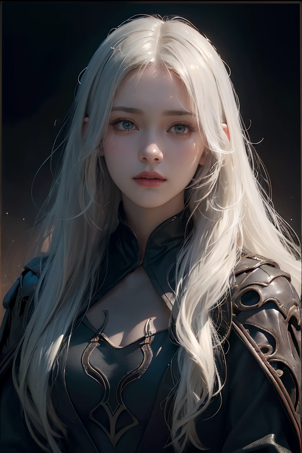 (front focus),(in the dark:1.6), Hyperrealist portrait of female by david hockney and alphonse mucha,fantasy art, photo realistic, dynamic lighting, artstation, poster, volumetric lighting, very detailed faces, 4 k, award winning,, 1girl, in the dark, deep shadow, low key,cowboy shot,(official clothing:1.4) ,long hair,white hair,