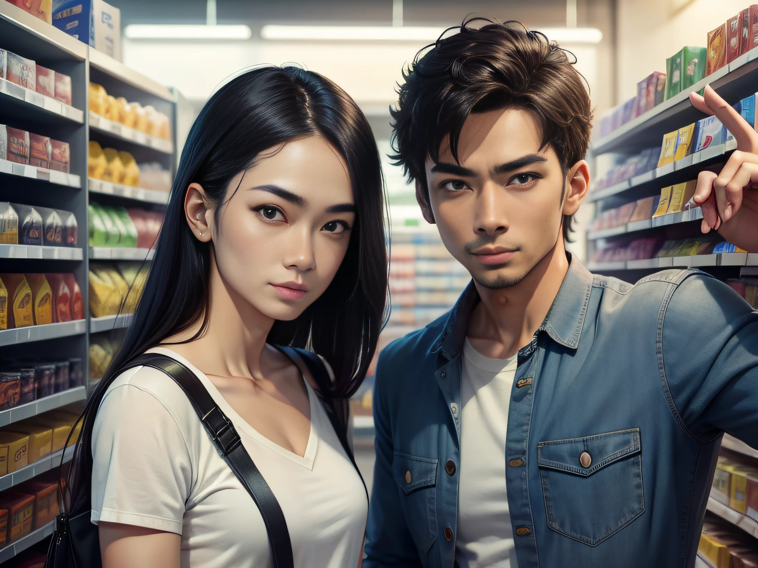 Male with 2 Asian faces,Shop for car supplies in casual wear at the auto supply supermarket,sface focus,Extreme depiction of facial detail