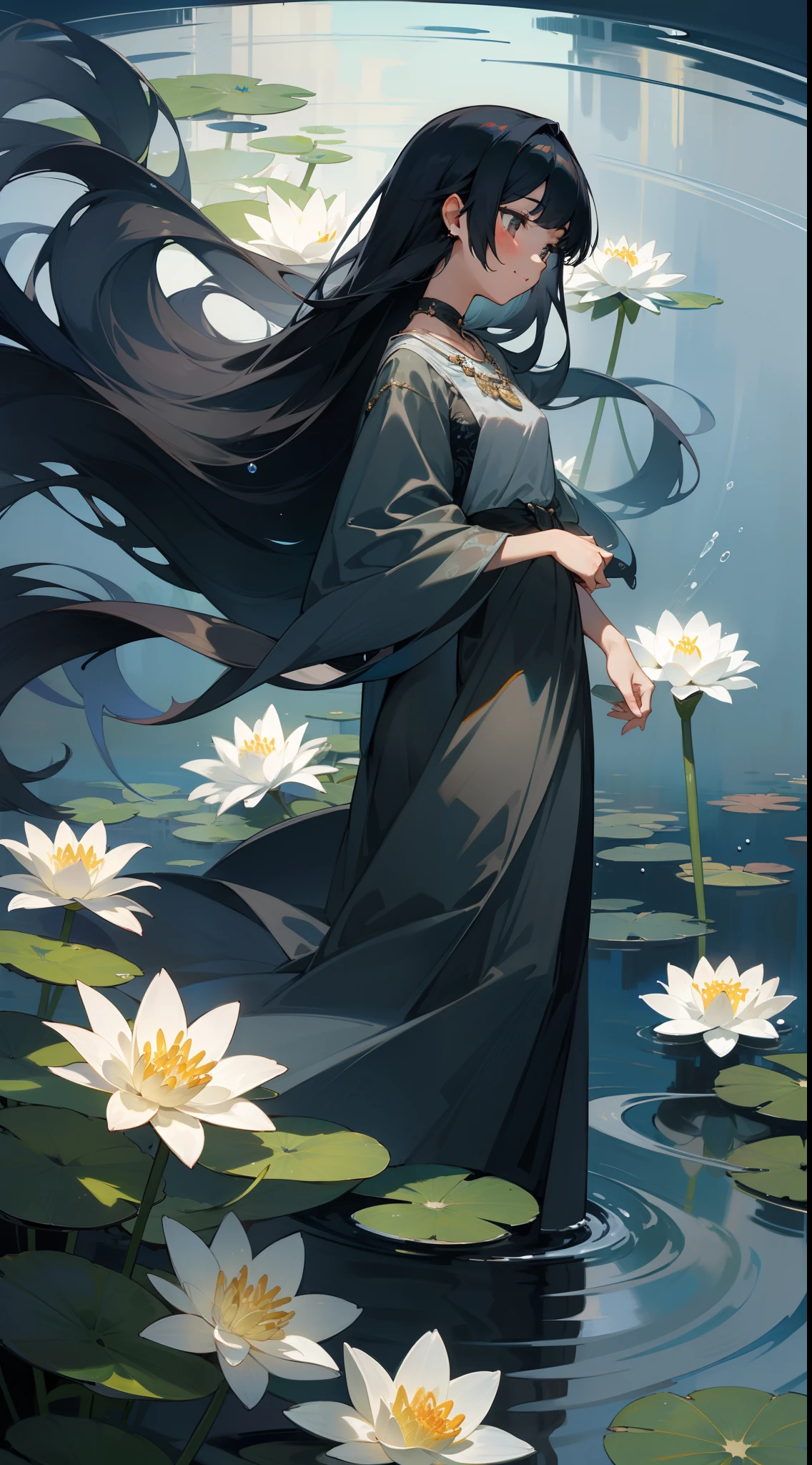 cantata, 1girl in, Cute, Water, Smile, Asian, Face seen from the side, Fish, Orion, flowingwater, Lily, Black hair , Floating hair, Long hair, Beautiful long dresses, Skindentation,Gray Eyes, Beautifully gorgeous necklace, Strapless ,