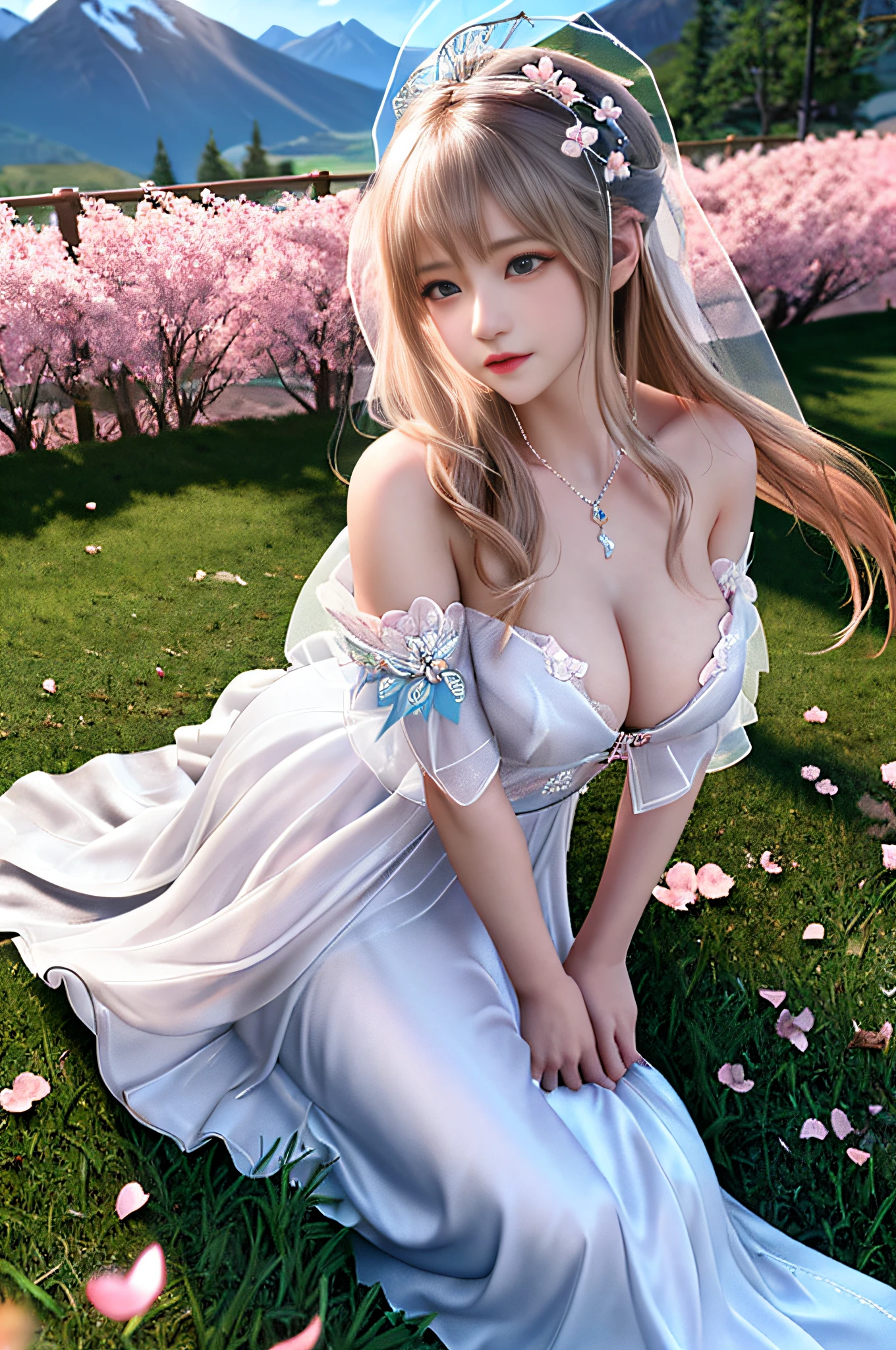 {best quality}, {{masterpiece}}, {highres},extremely detailed 8K wallpaper, 1girl, topless ,nsfw,,pink panties,,game cg,maiden, cinematic angle,delicate skin, blush,aquagradient eyes, {detailed eyes},{gradient blonde hair},{gradient blue eyes}, Cherry blossoms,large breast,flying petals,mountain,flowers meadows, detailed background, outdoors, {delicate wedding dress},transparent cloth, neck ribbon, bridal gauntlets, bridal veil, hair ornament, hair flower, bouquet，wedding band