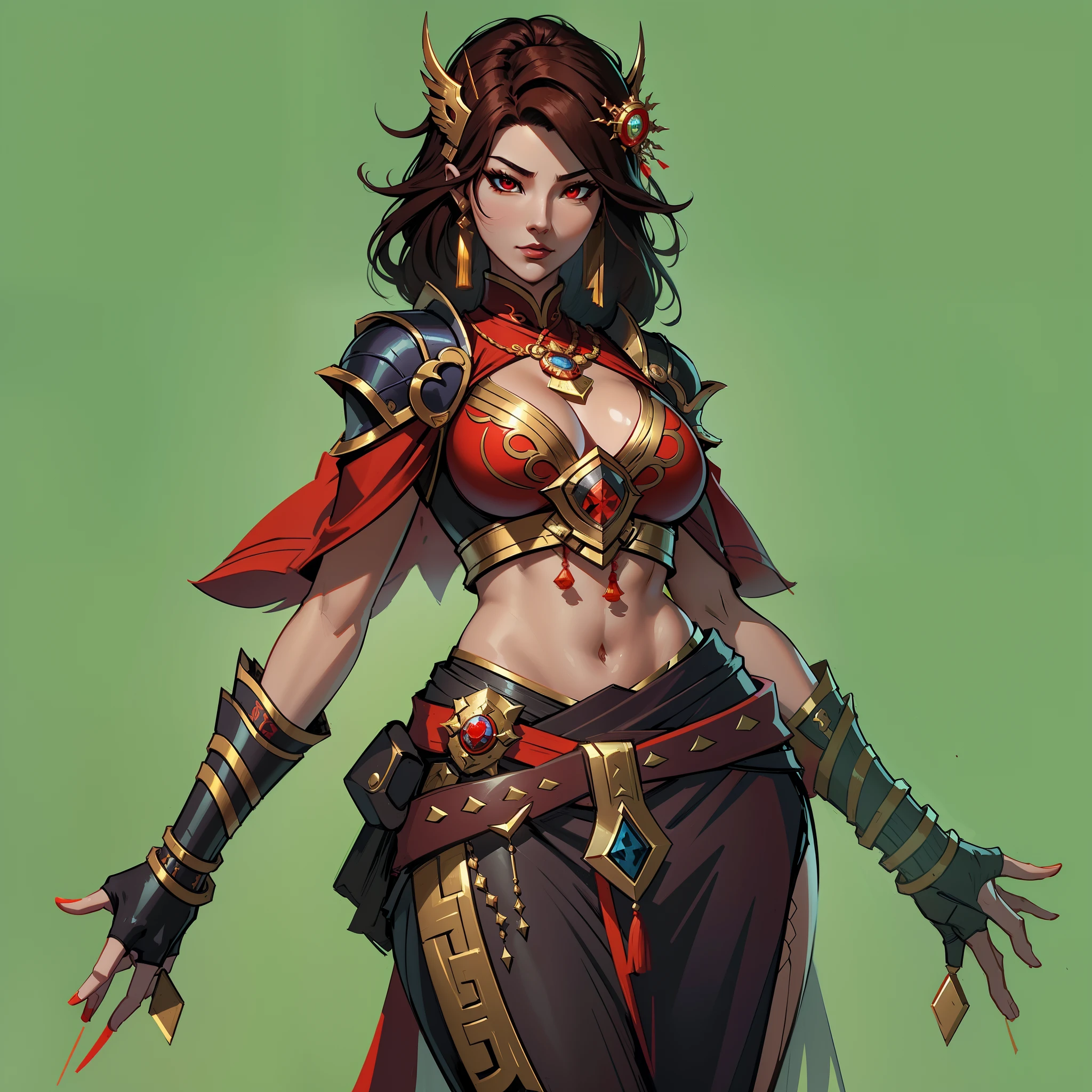 a close up of a strong amazon woman in her 30's, with red eyes and brown hair, wearing a black and red belly dancer attire, a heroine with red eyes, female mage with sun power, middle-eastern princess, standing in a middle-eastern temple, new costume concept design, in the style of blade and soul, full body character concept, detailed character design, inspired by Yang Jin, inspired by Li Mei-Shu, chinese costume, inspired by Lan Ying, inspired by Sim Sa-Jeong, inspired by Li Tang, lunar themed attire, costume with orange accents, inspired by Ju Lian, colored concept art, highly detailed character design, highly detailed face, inspired by Ai Xuan, very highly detailed face, unreal engine render, final fantasy 14 style, inspired by Leng Mei