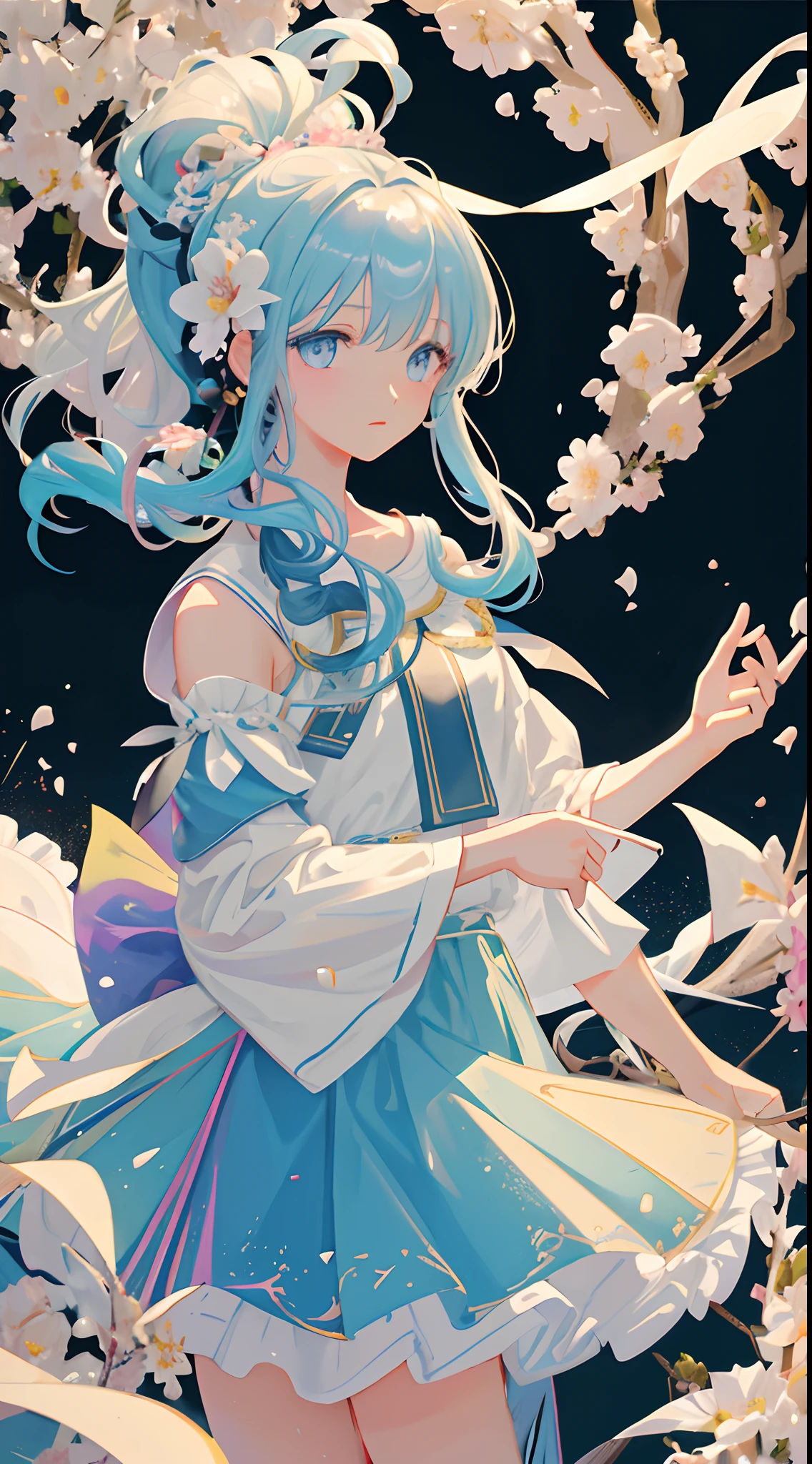 (masterpiece), (best quality), (ultra detailed),(disheveled hair),(illustration), (1girl), (Fashionable clothing), standing, Fashion model, looking at viewer, (interview), (simple background),beautiful detailed eyes, delicate beautiful face, Floating,(high saturation),(colorful splashes),colorful bubble,(shining), focus on face, kamisato ayaka, light blue hair, bangs, hair ring, floating flowers, floating hairs.Girl, anime waifu, looking at viewer, highlydetailed, reflections transparent iridescent colors, long transparent iridescent RGB hair, artby Serafleur from artstation, thick acrylic,illustration on pixiv, waist up portrait, gorgeoussacred girl, best quality, ultra detailed,sad,clever,beautiful face , beautiful lighton black background, Character stvle renderedby Octane,