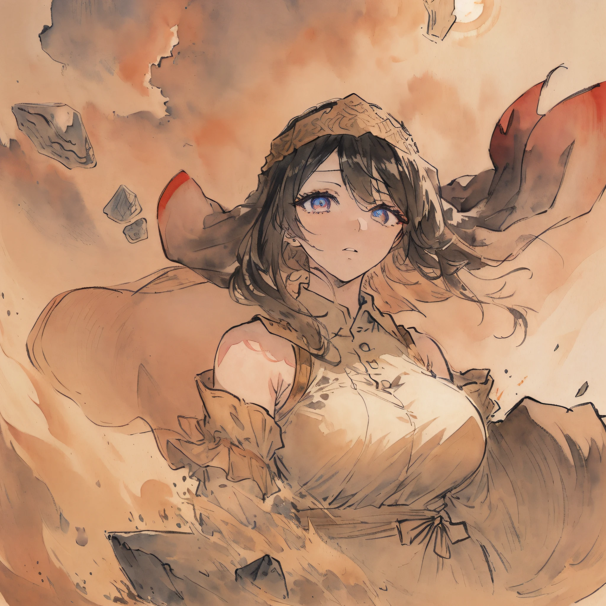 cinematic lighting, ((best quality)),((extremely_detailed_eyes_and_face)),((((ink)))),((illustration)),depth of field,((extremely detailed)),((watercolor)),((anime face)),(((dramatic_angle))),medium_breast,(8k_wallpaper),((bright_eyes)), (looking_at_viewers),(an detailed organdie dress),(((((very_close_to_viewers))))),((sleepy)),((masterpiece)),((((((surrounded_by_heavy_floating_sand_flow_and_floating_sharp_stones)))))),(((((messy_long_hair))))),((((veil)))),focus_on_face,(upper_body),(bare_shoulder),((((1girl)))),(golden_bracelet),(long yarn),((sunset)),lens_flare,light_leaks,((detailed_beautiful_desert_with_cactus)),medium_wind,(detailed_beautiful_sky)
