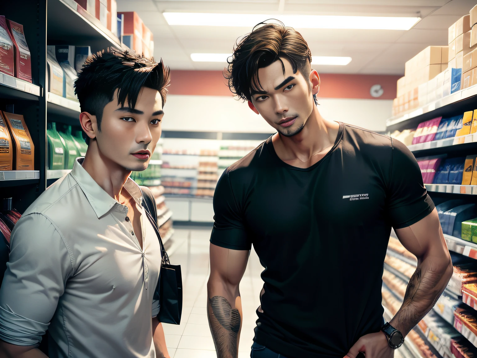 Male with 2 Asian faces,Shop for car supplies in casual wear at the auto supply supermarket,sface focus,Extreme depiction of facial detail