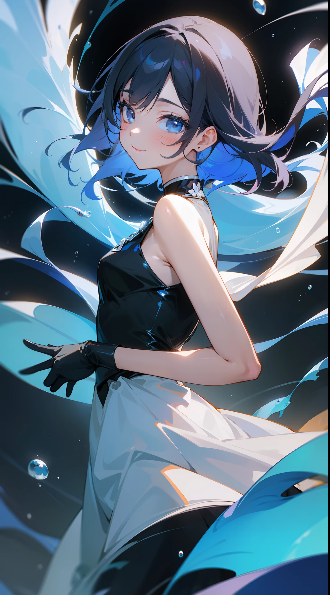 devil, Angel, 1girl in, Cute, Water, Smile, Asian, Face seen from the side, Fish, Orion, flowingwater, dutch_Angle, from bellow,ceiling,Looking at Viewer, Black_gloves, Elegant Full Dress,