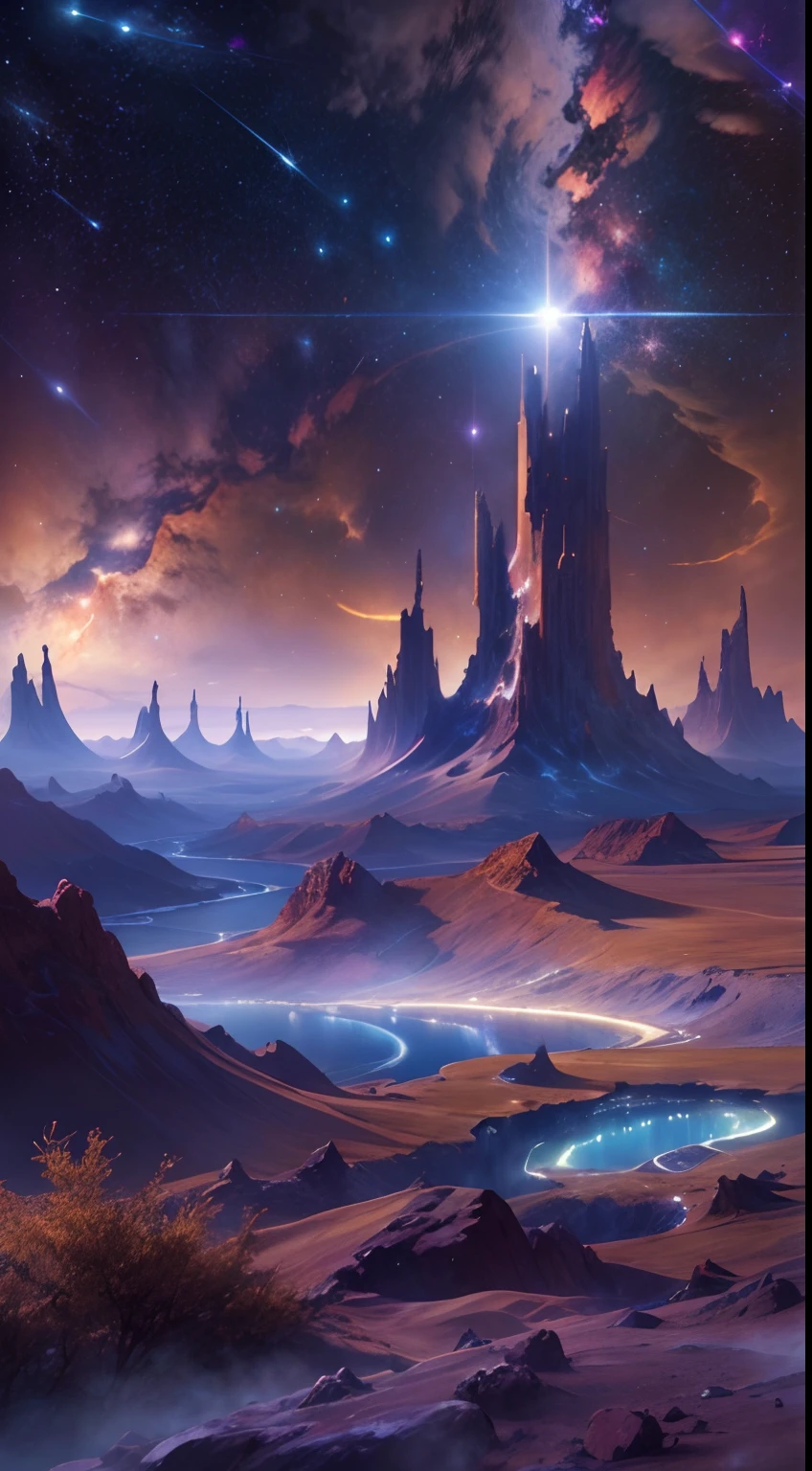 ((8K)) Starry sky with rivers and distant milky ways, galactic landscape, epic beautiful space scifi, cosmos sem fim no fundo, high detailed digital art, Space landscape，stellar，comets，Pillars of Creation