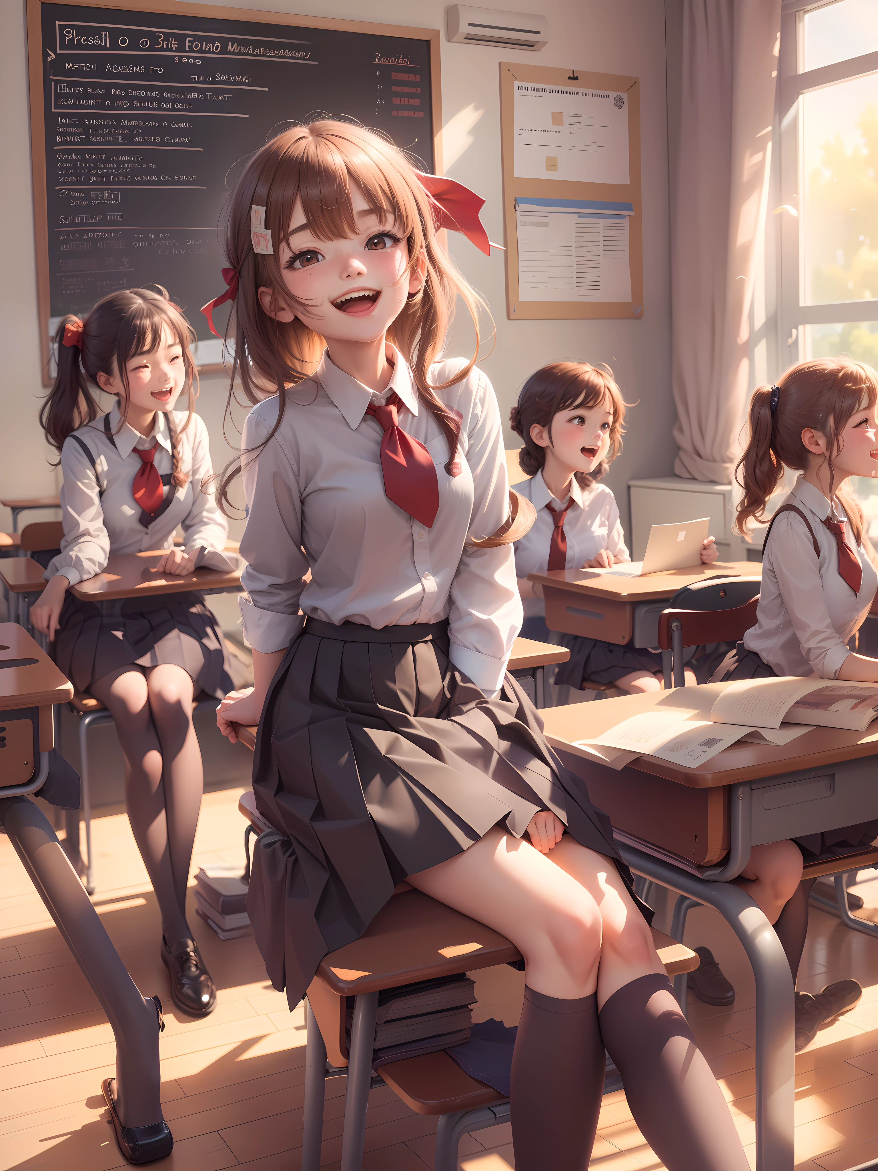 masterpiece, best quality, ultra-detailed, illustration,
multiple girls, shirt, red necktie, pleated skirt, laughing,
kyoushitsu, classroom, chalkboard, school chair, school desk, window, indoors, school, bulletin board, sunlight, shadow, curtains,