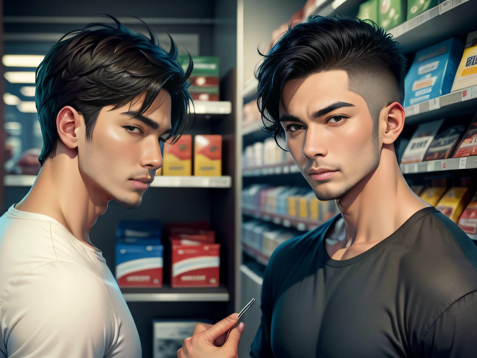 Male with 2 Asian faces，Shop for car supplies in casual wear at the auto supply supermarket，sface focus，Extreme depiction of facial detail