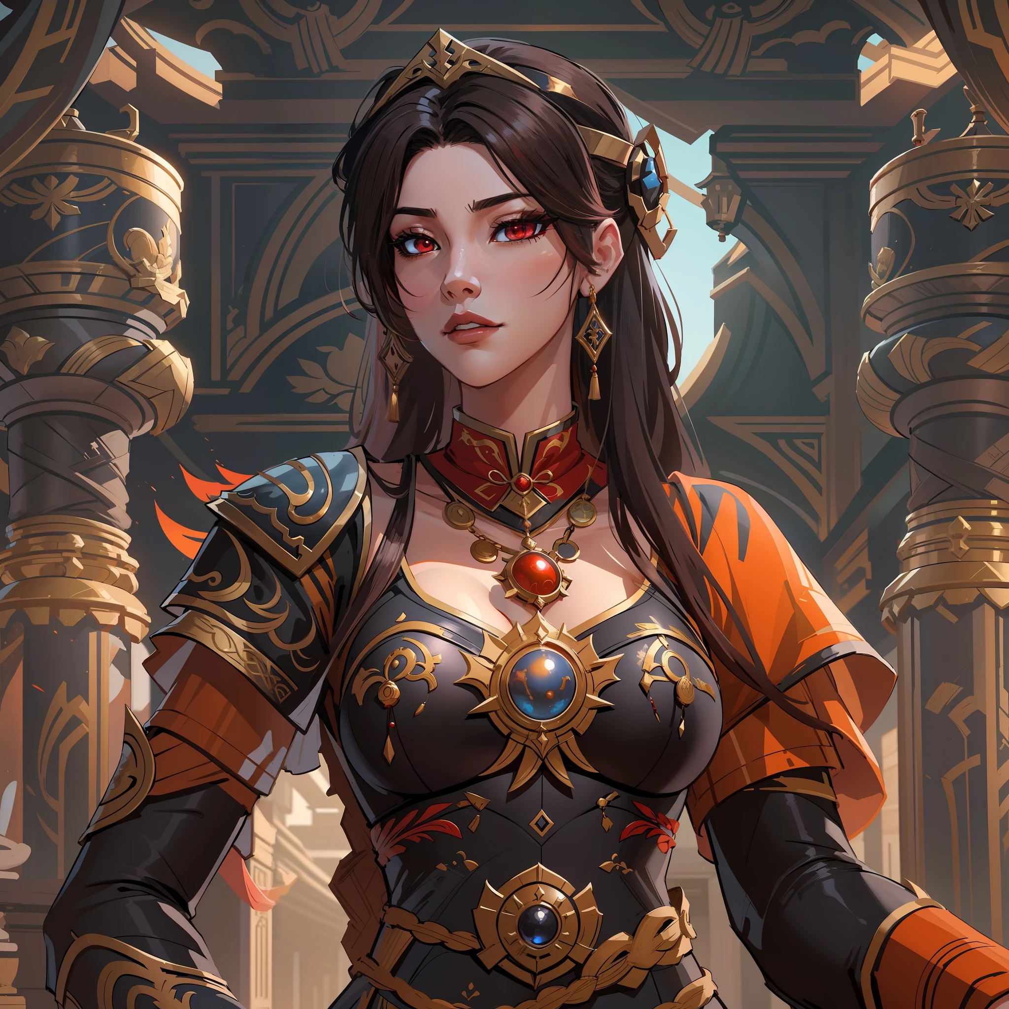 a close up of a strong amazon woman in her 30's, with red eyes and brown hair, wearing a black and red ball gown dress, a heroine with red eyes, female mage with sun power, middle-eastern princess, standing in a middle-eastern temple, new costume concept design, in the style of blade and soul, full body character concept, detailed character design, inspired by Yang Jin, inspired by Li Mei-Shu, chinese costume, inspired by Lan Ying, inspired by Sim Sa-Jeong, inspired by Li Tang, lunar themed attire, costume with orange accents, inspired by Ju Lian, colored concept art, highly detailed character design, highly detailed face, inspired by Ai Xuan, very highly detailed face, unreal engine render, final fantasy 14 style, inspired by Leng Mei