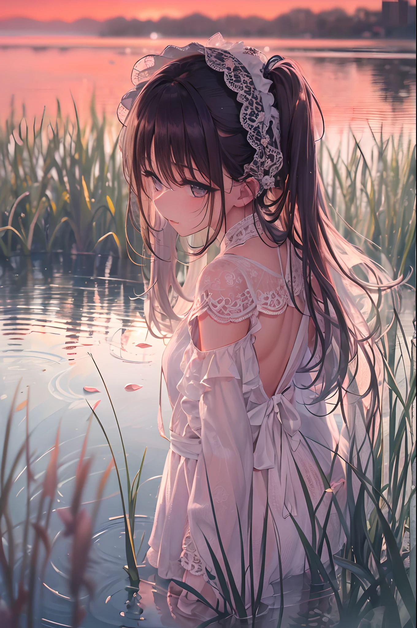 masterpiece, best quality, (photography:1.3), (high quality:1.2), detailed face, detailed eyes, A girl in a white one-piece dress standing on the sidewalk of a rice field at dusk gazes dreamily at the crimson sky reflected on the surface of the water