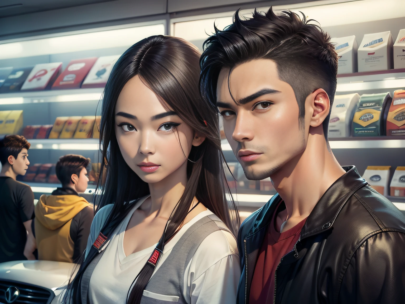 Male with 2 Asian faces,Shop for car supplies in casual wear at the auto supply supermarket,sface focus,Extreme depiction of facial detail