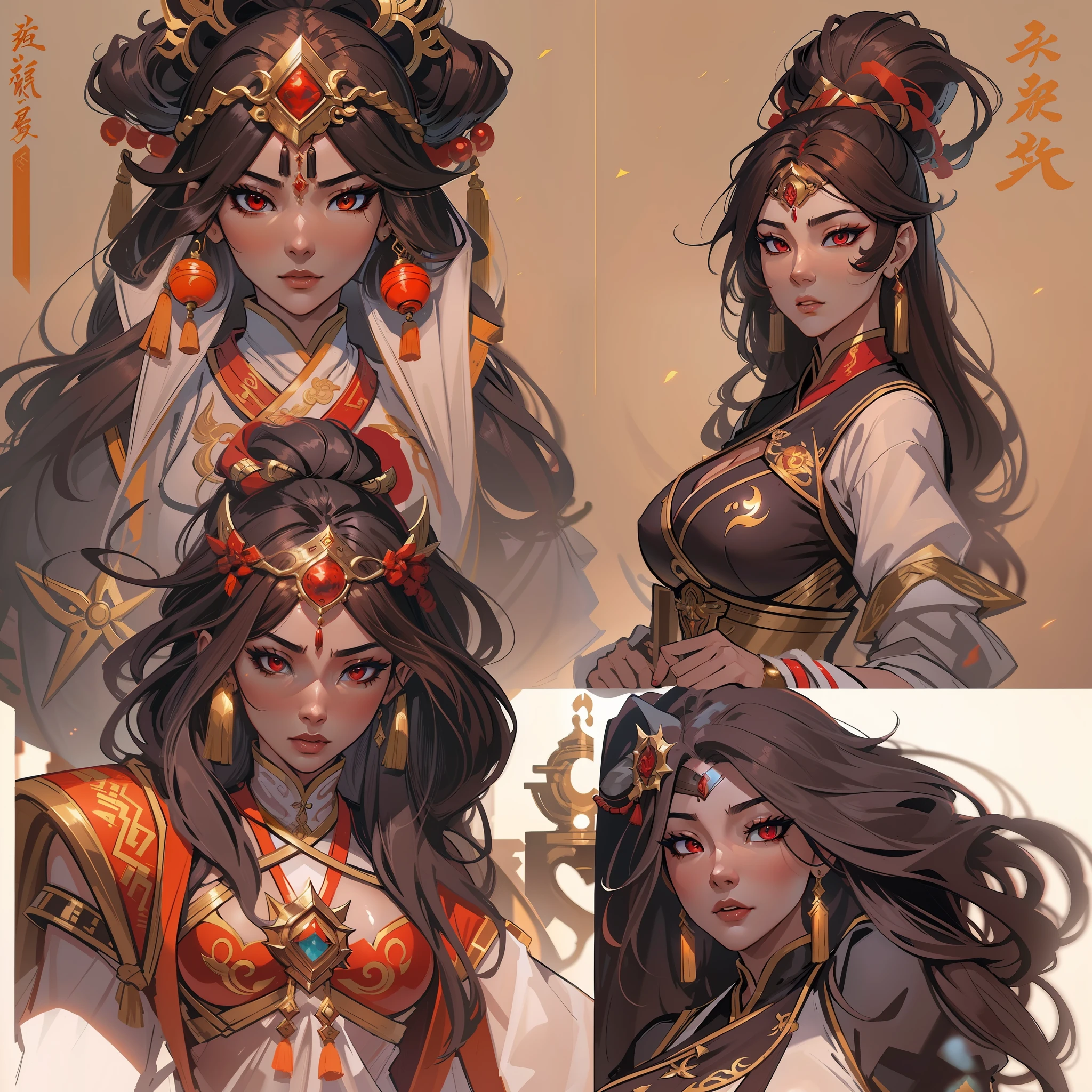 a close up of a strong amazon woman in her 30's, with red eyes and brown hair, wearing a black and red belly dancer attire, surrounded by giant orbs made of slime, a heroine with red eyes, female mage with sun power, middle-eastern princess, standing in a middle-eastern temple, new costume concept design, in the style of blade and soul, full body character concept, detailed character design, inspired by Yang Jin, inspired by Li Mei-Shu, chinese costume, inspired by Lan Ying, inspired by Sim Sa-Jeong, inspired by Li Tang, lunar themed attire, costume with orange accents, inspired by Ju Lian, colored concept art, highly detailed character design, highly detailed face, inspired by Ai Xuan, very highly detailed face, unreal engine render, final fantasy 14 style, inspired by Leng Mei