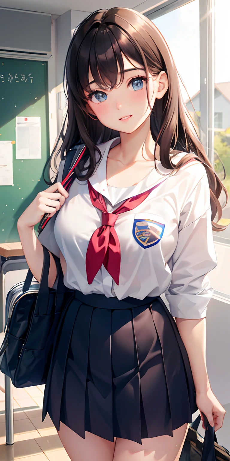 1girl, parted lips, blush, makeup, light smile, school uniform, classroom, school bag, light rays, glow, thighs, collarbone, narrow waist, (masterpiece), wallpaper,