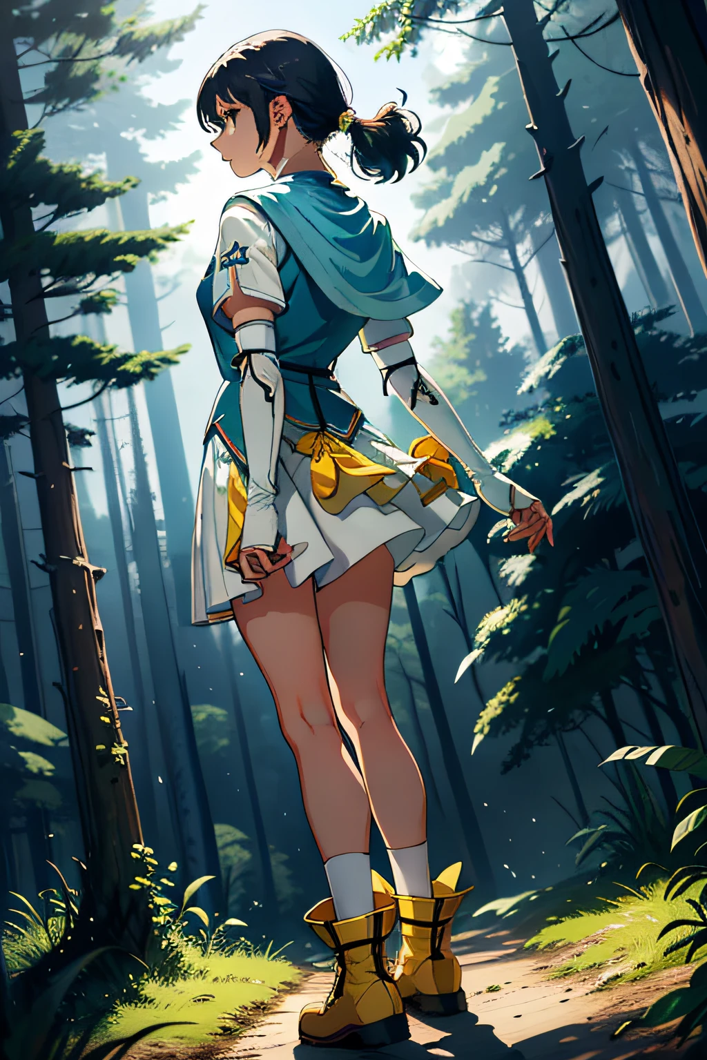 tmasterpiece，best qualtiy，Fine image quality，Uma personagem feminina，Blue by Capelet，Yellow shirt，pleatedskirt，arm warmer，White  socks，boots，Standing posture，Observe from behind，Oblique side angle，Forest scene，Night light。