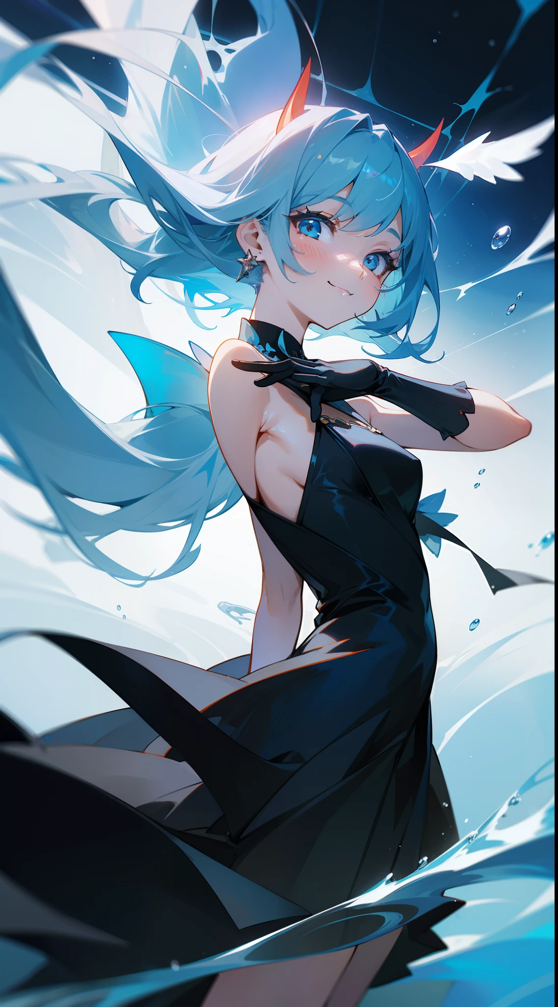 devil, Angel, 1girl in, Cute, Water, Smile, Asian, Face seen from the side, Fish, Orion, flowingwater, dutch_Angle, from bellow,ceiling,Looking at Viewer, Black_gloves, Elegant Full Dress,