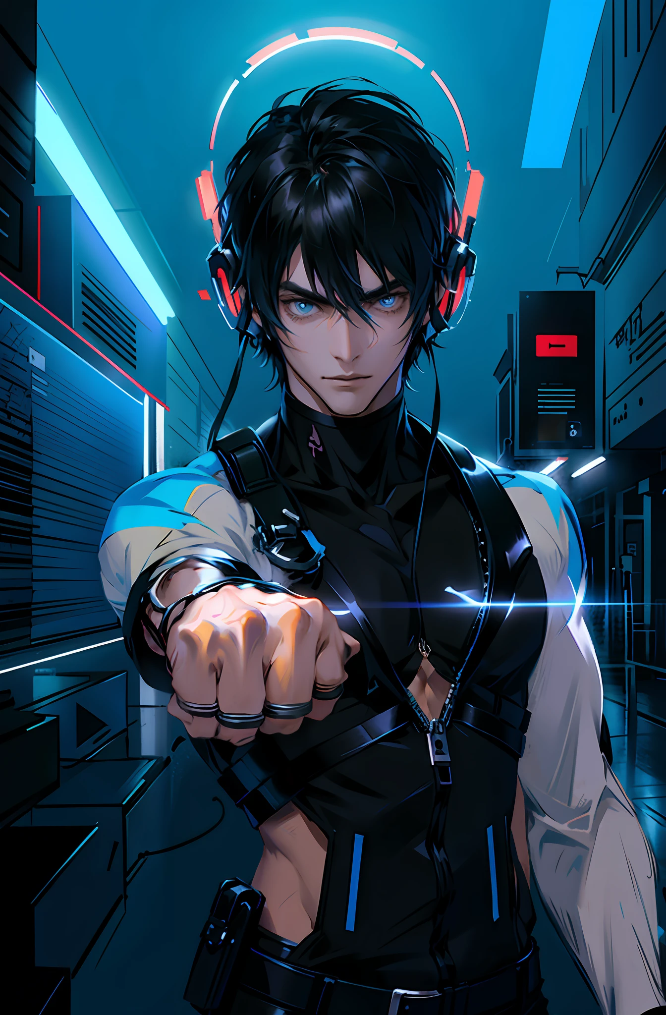 Personaje de anime, con cabello celeste y ojos dorados, wearing black clothes and pointing his fist in front.