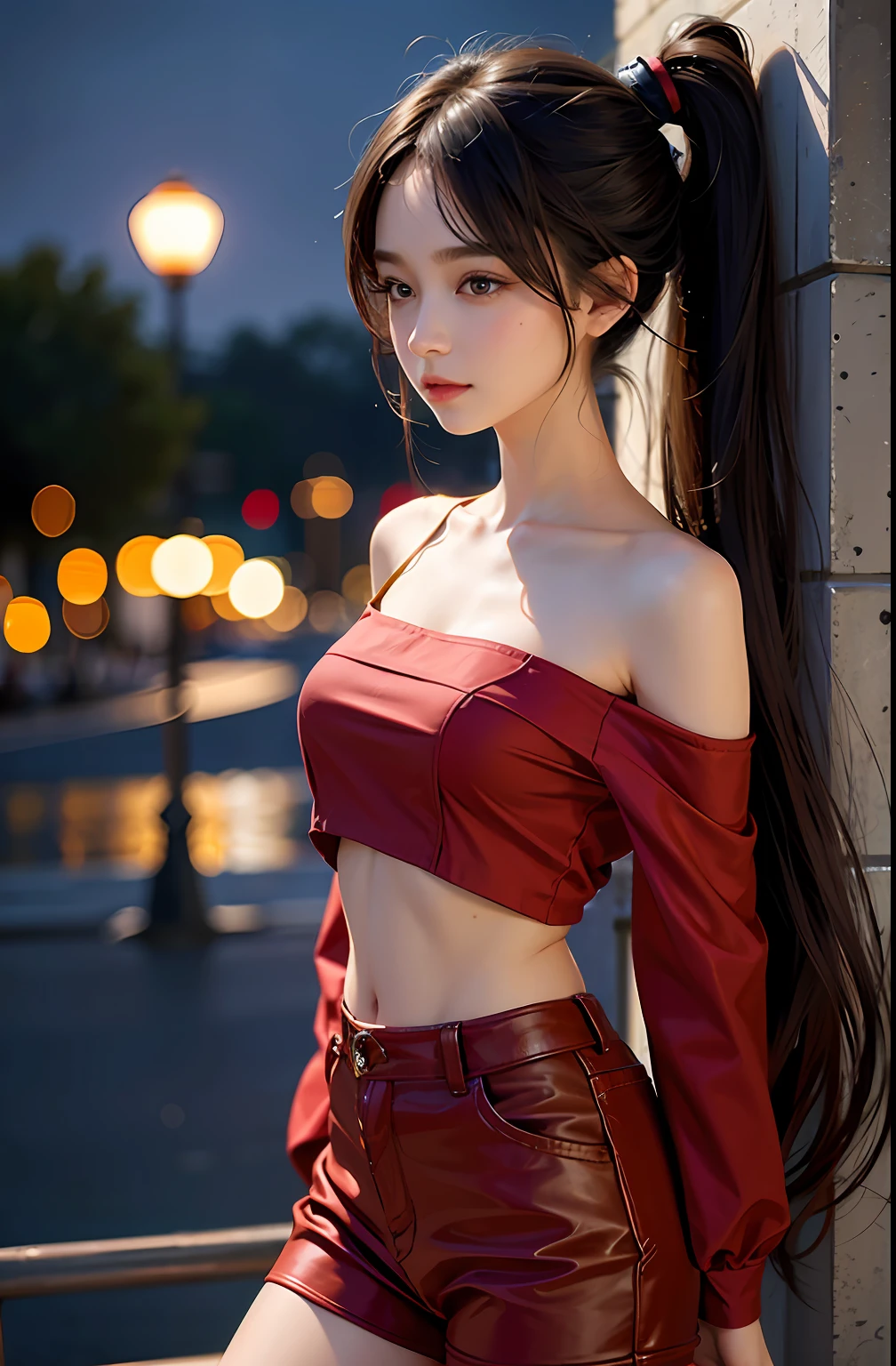 best qualtiy，sface focus，Look at the audience head-on，the soft light，（depth of fields），超高分辨率，Picture above the knee（Photorealsitic：1.4），RAW photos，Bigchest，Red clothes，Open navel，Bare shoulders，By bangs，Long ponytail hairstyle，（sportrait：1.4），（From the front side）1girll，独奏，adolable，（Shy，ssmile：1.1），（with brown eye），Detailed beautiful face，（mid day_Hair）， moon in the night，Walk，（off-the-shoulder shirts），