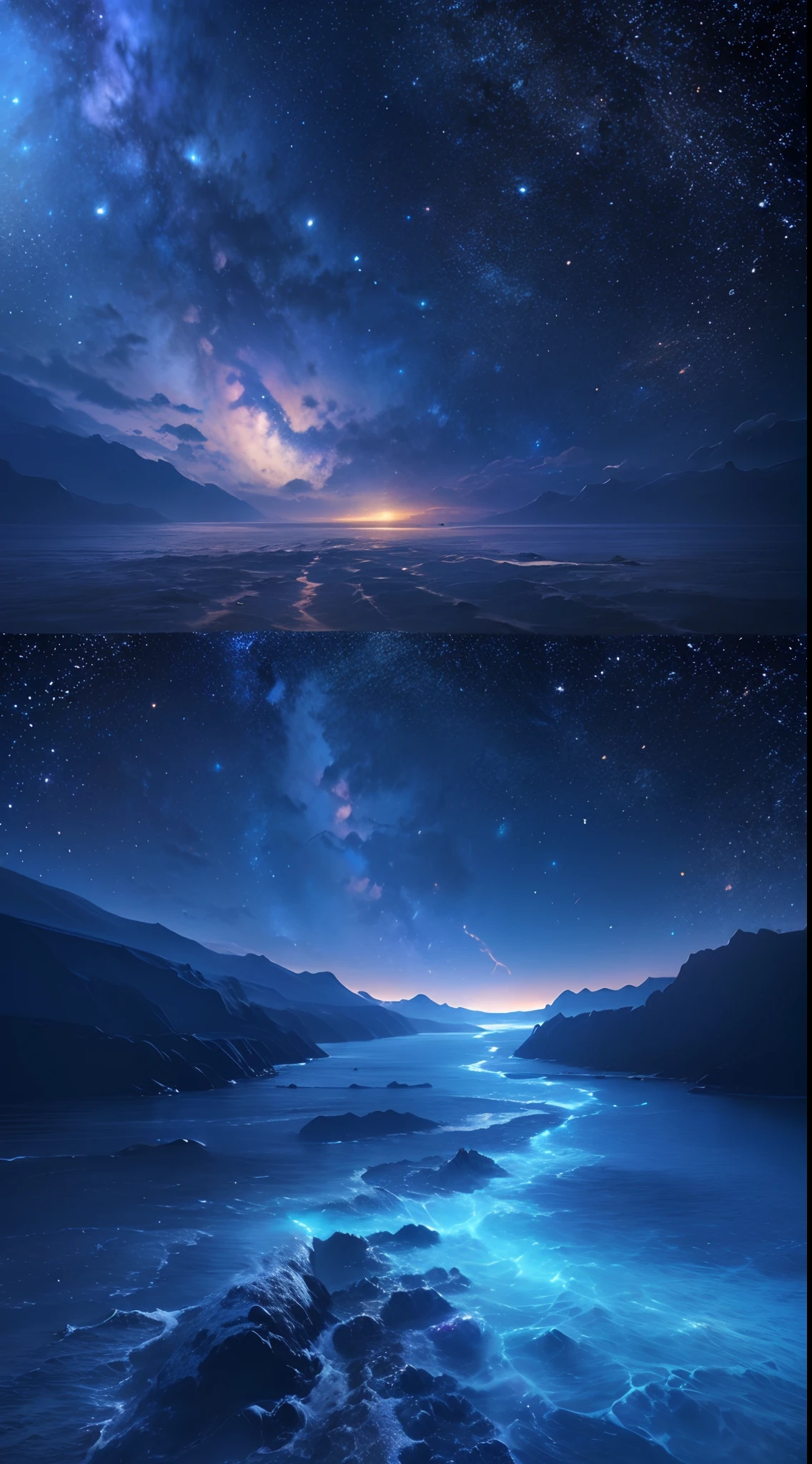 ((8K))Deep blue sea, Starry sky with rivers and distant milky ways, Galaxy landscape, epic beautiful space scifi, cosmos sem fim no fundo, high detailed digital art, Space landscape