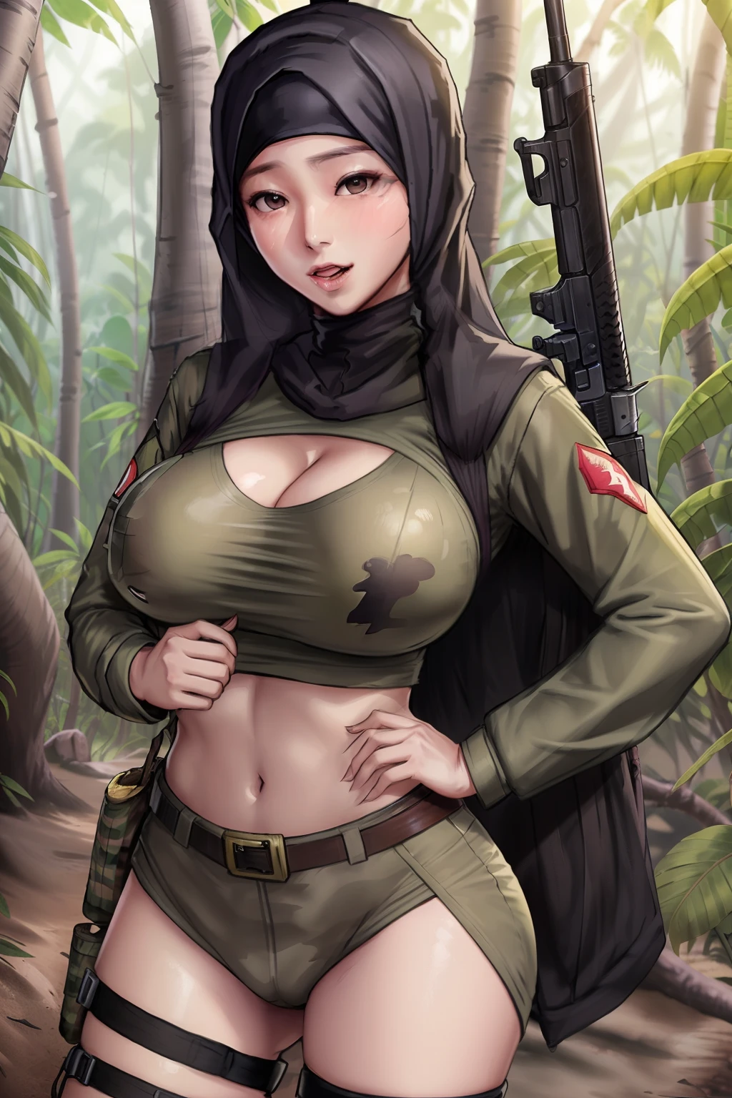 girl,hijab,hijab outfit,super big breast,(P cup breast),screamed,beautiful cry,in the jungle,playing a soldier in jungle,soldier in jungle,indonesia soldier outfit,bring big and long guns, grenades, army bags,