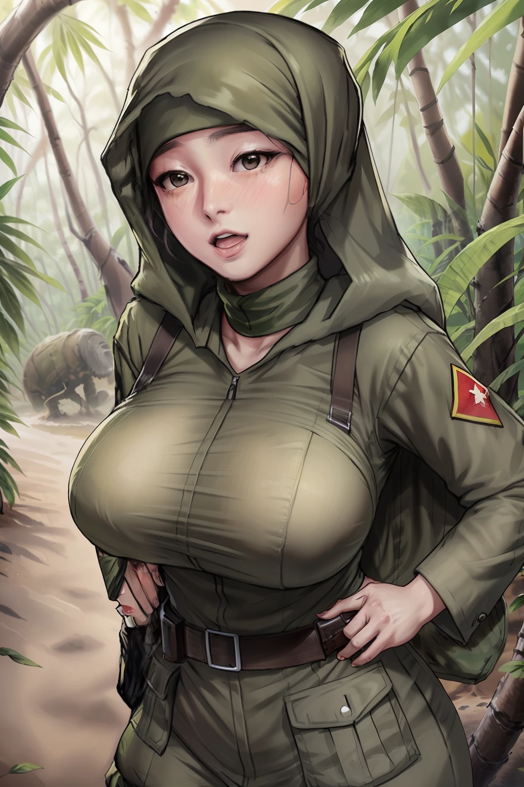 girl,hijab,hijab outfit,super big breast,(P cup breast),screamed,beautiful cry,in the jungle,playing a soldier in jungle,soldier in jungle,indonesia soldier outfit,bring big and long guns, grenades, army bags,