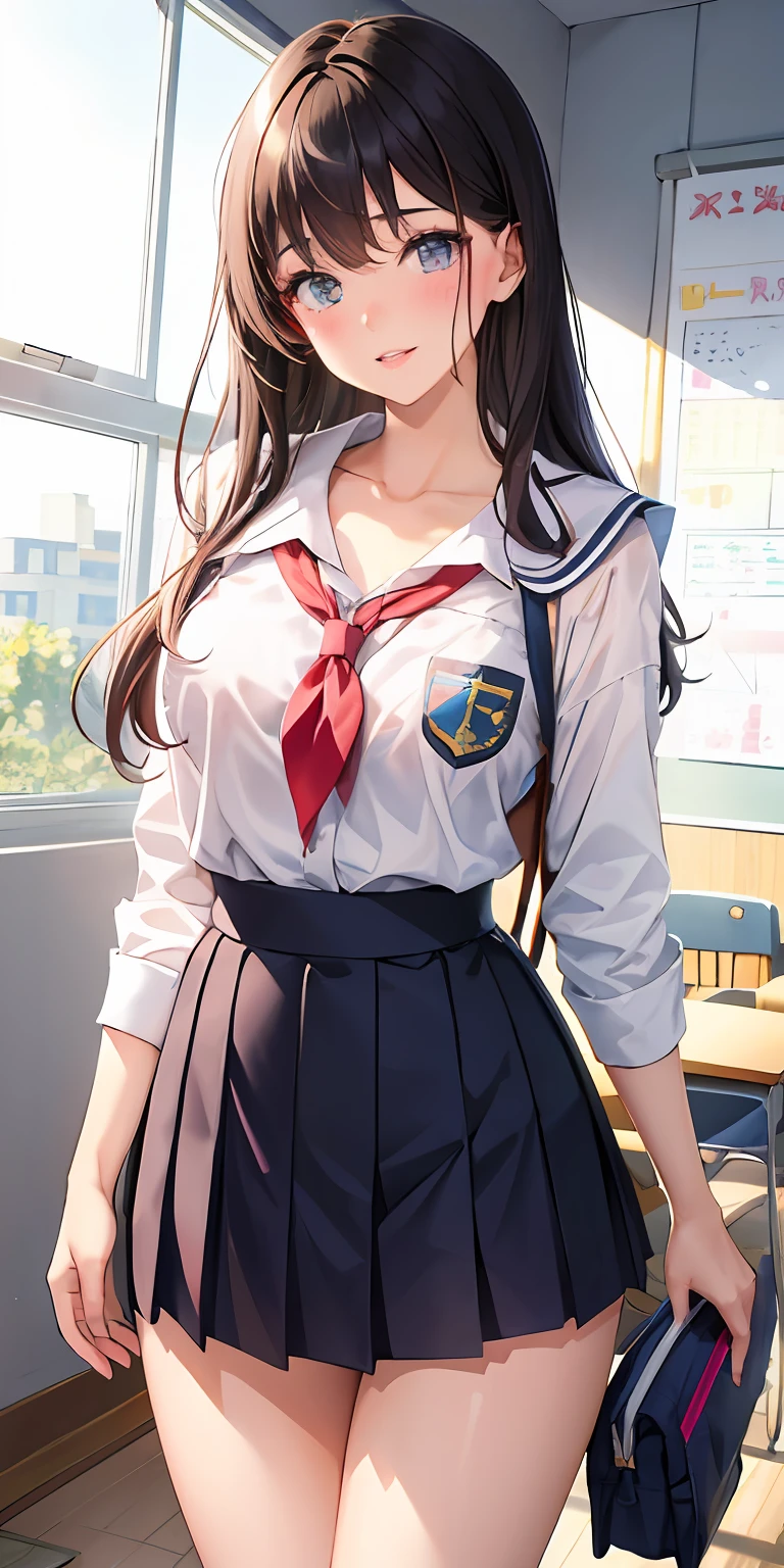 1girl, parted lips, blush, makeup, light smile, school uniform, classroom, school bag, light rays, glow, thighs, collarbone, narrow waist, (masterpiece), wallpaper,