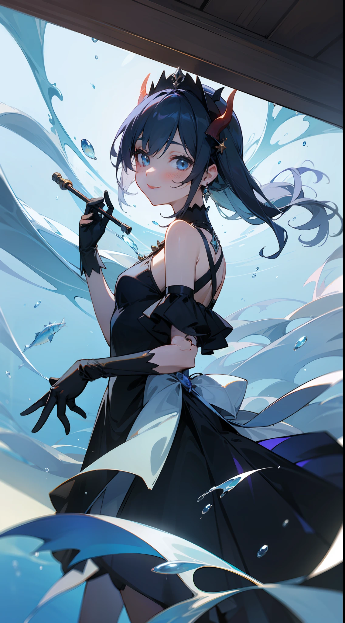 devil, Angel, 1girl in, Cute, Water, Smile, Asian, Face seen from the side, Fish, Orion, flowingwater, dutch_Angle, from bellow,ceiling,Looking at Viewer, Black_gloves, Elegant Full Dress,