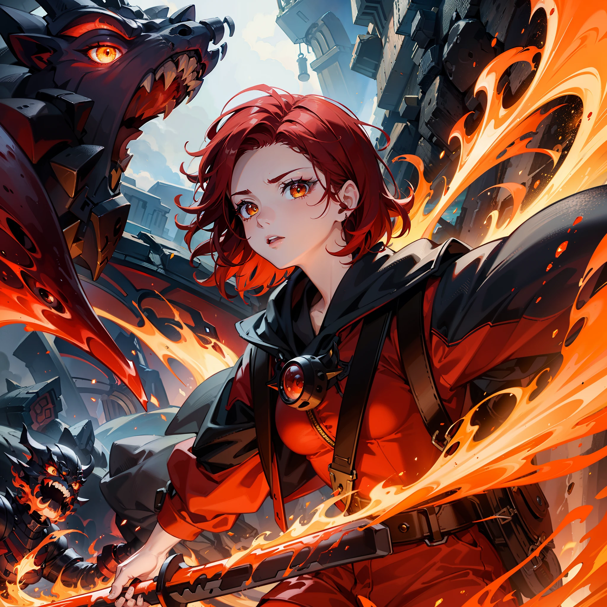 Woman with short red hair、Sharp Eyebrows、big eye、Dark eyelashes、Yellow-based makeup、Fighting lava demons、、parka、Sword 、lava、volcanoes、dark sky、(highestdetailed)、(Highest image quality 8K)